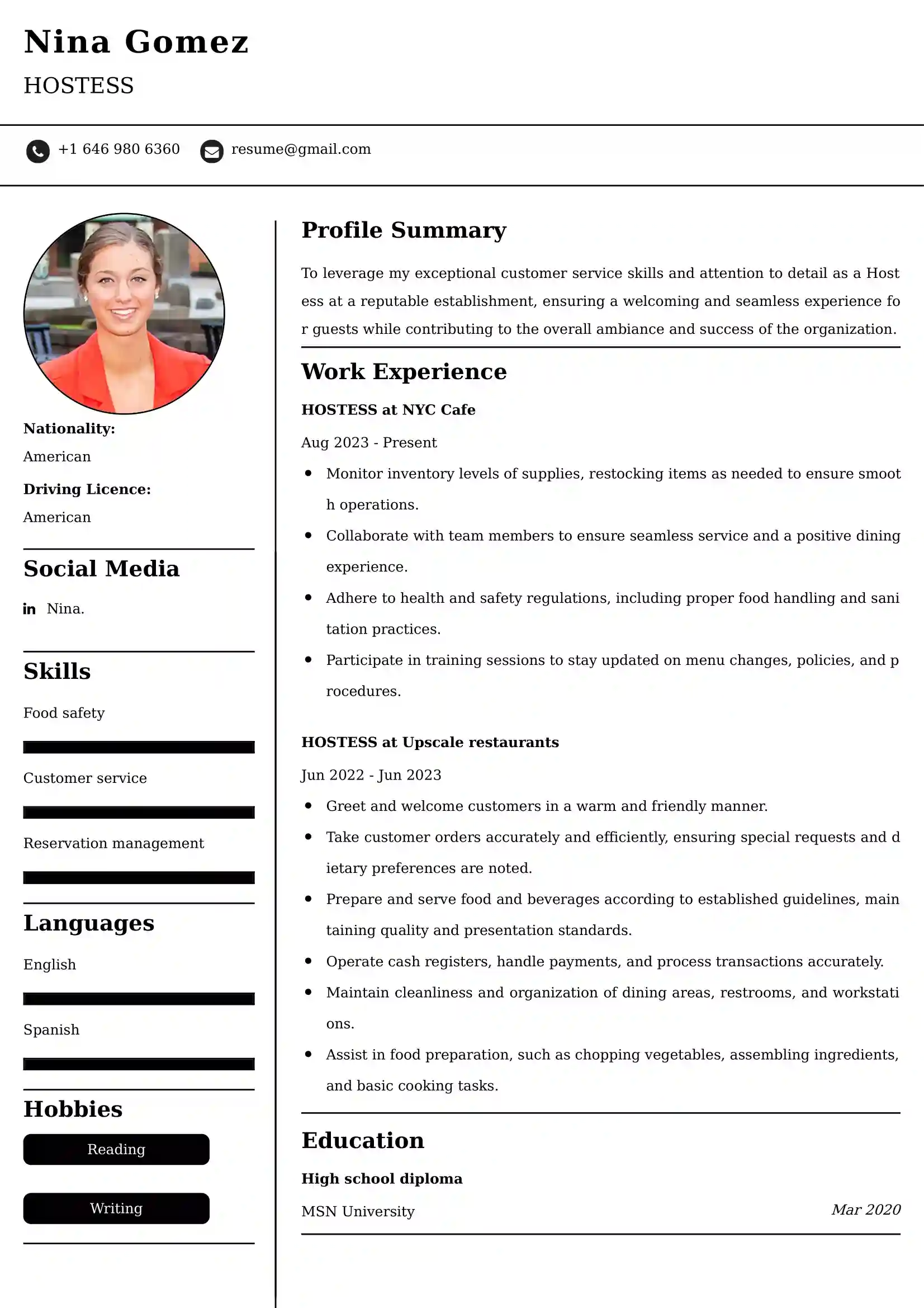 Hostess Resume Examples - UK Format, Latest Template.