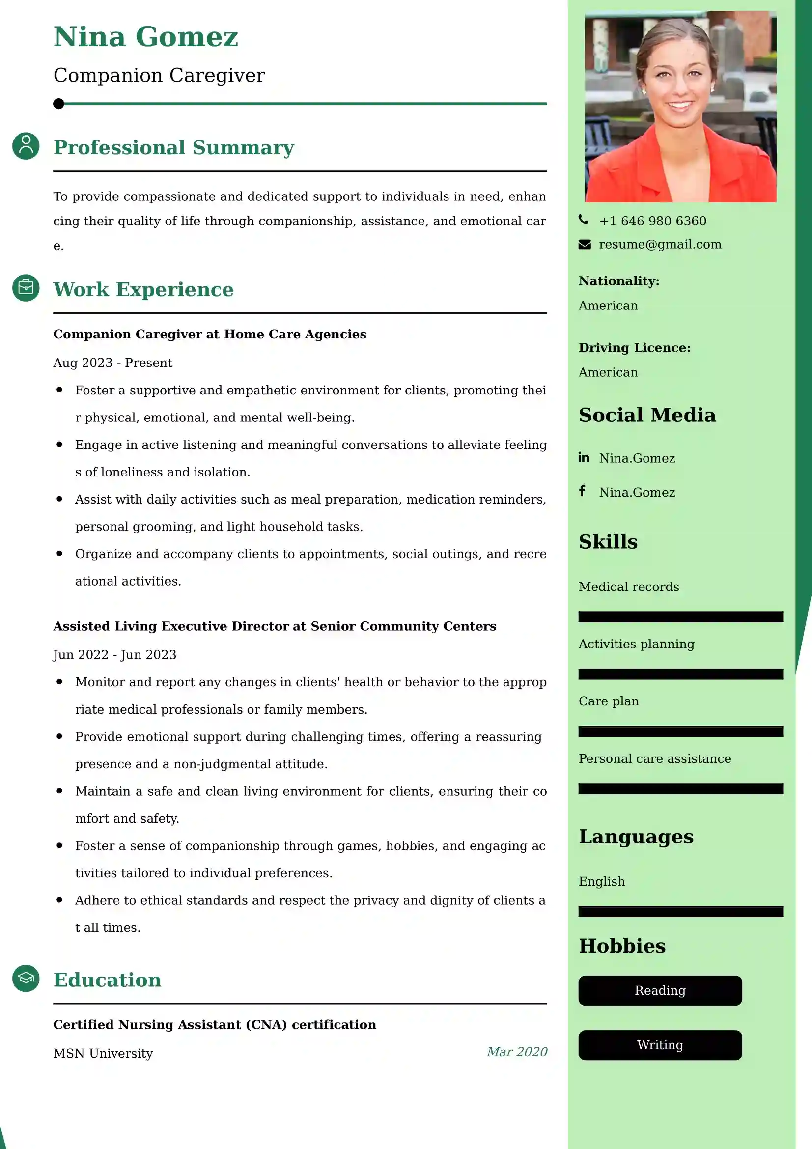 Companion Caregiver Resume Examples - UK Format, Latest Template.