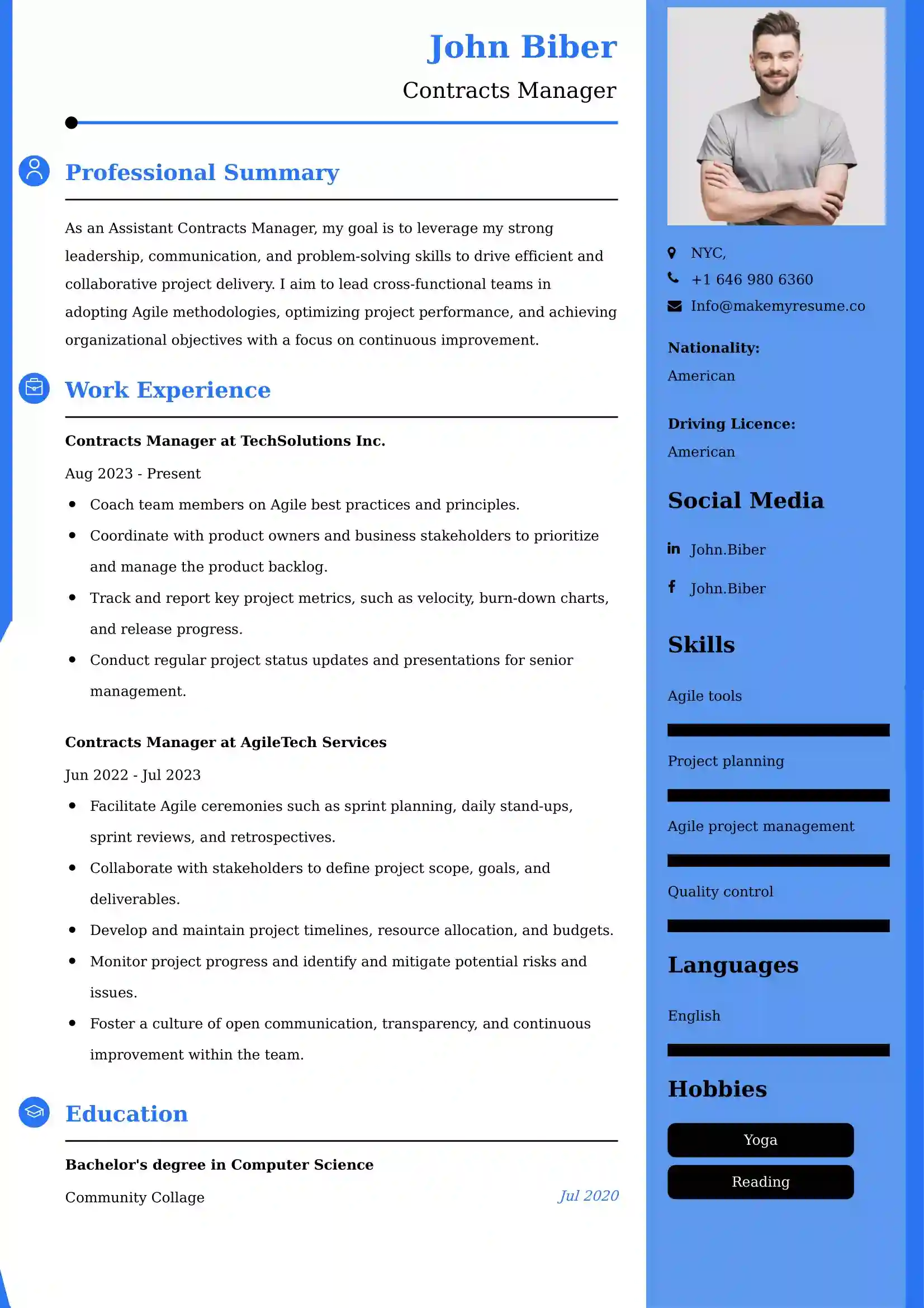 Contracts Manager Resume Examples - UK Format, Latest Template.
