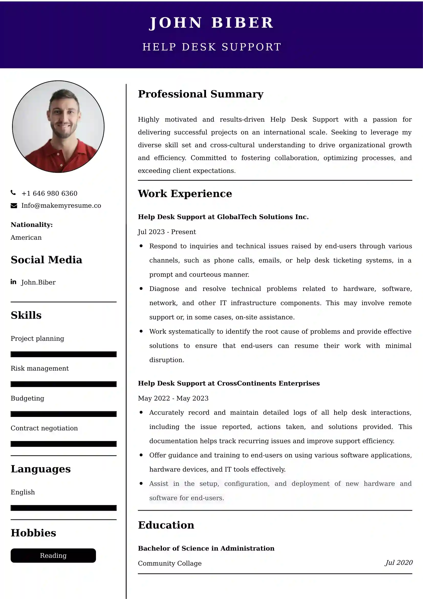Help Desk Support Resume Examples - UK Format, Latest Template.