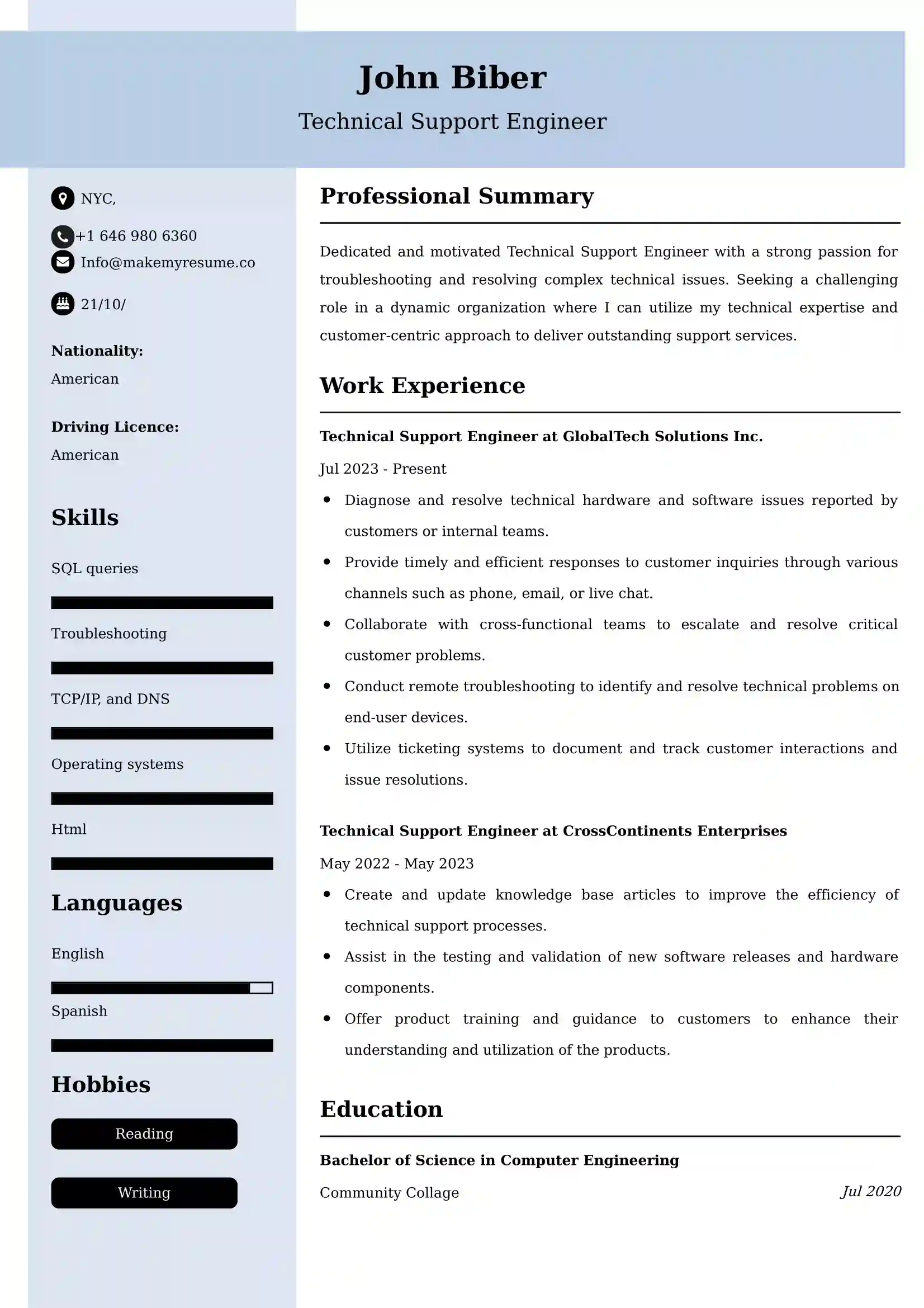 Technical Support Engineer Resume Examples - UK Format, Latest Template.