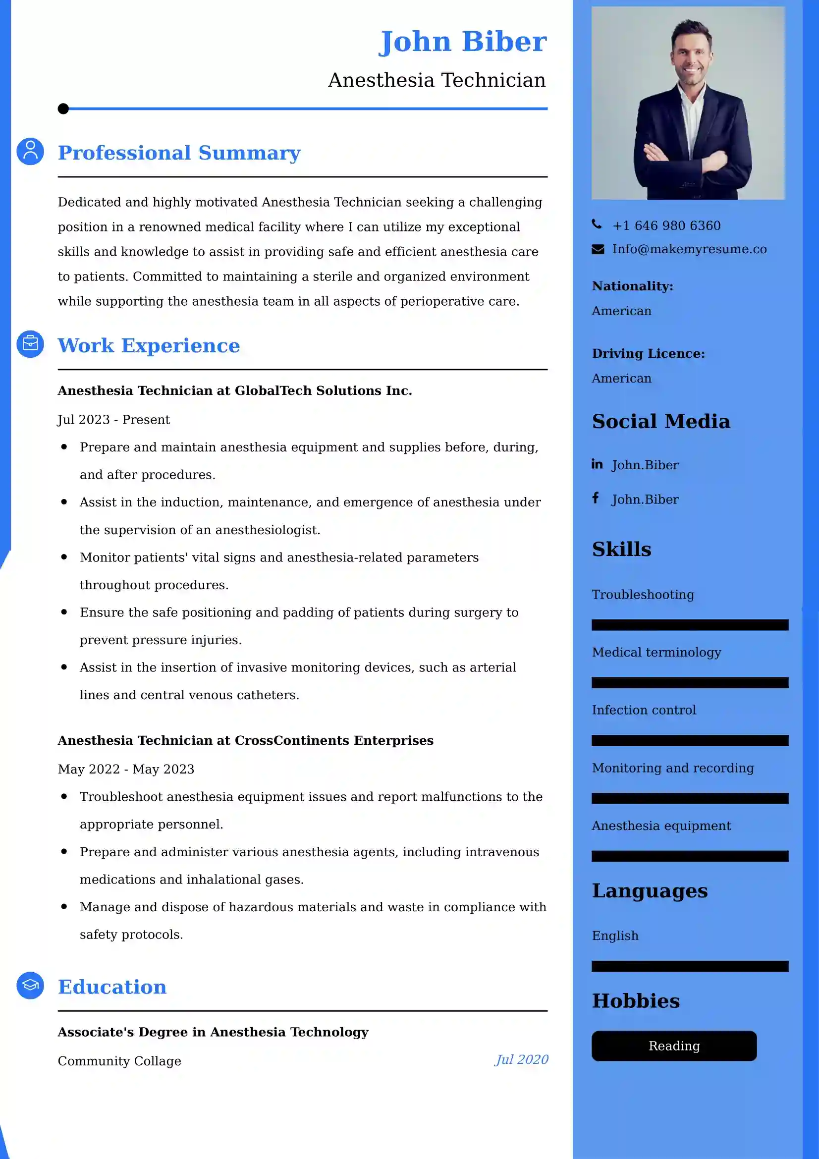 Anesthesia Technician Resume Examples - UK Format, Latest Template.