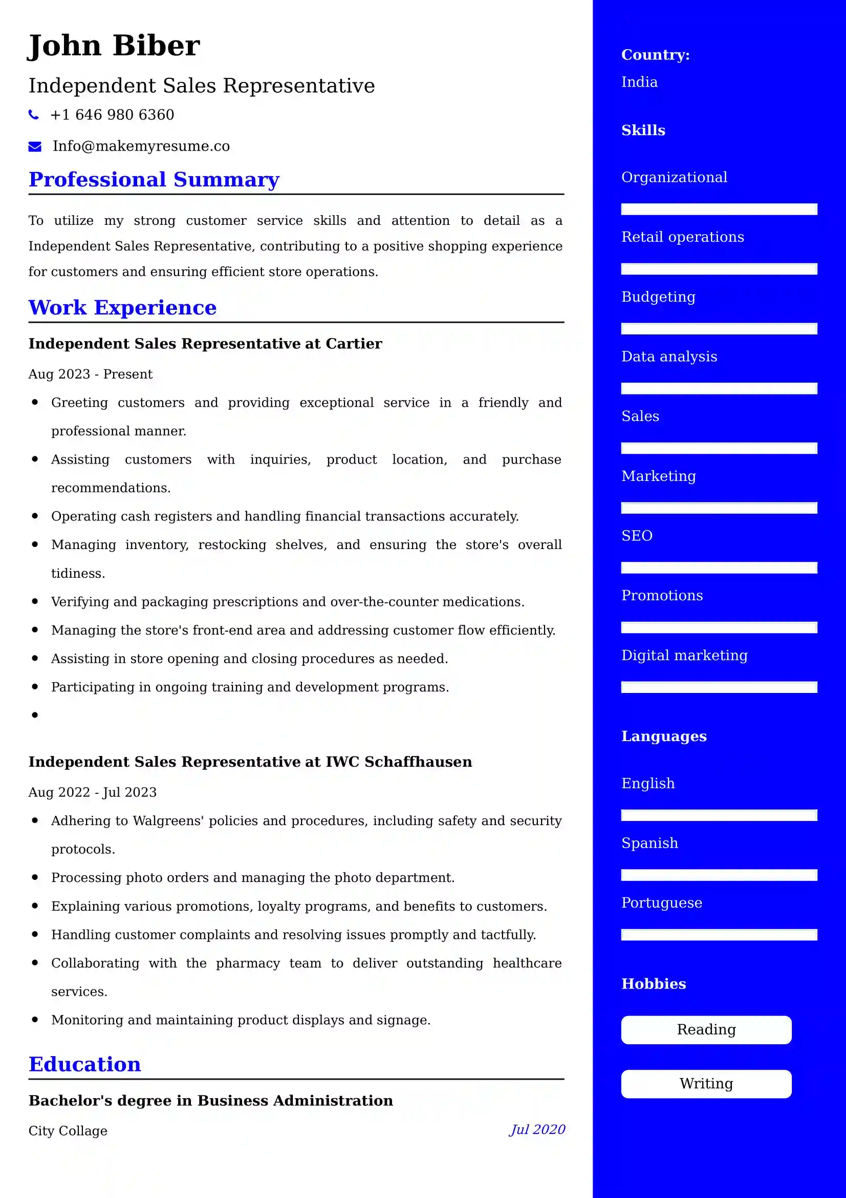 Independent Sales Representative Resume Examples - UK Format, Latest Template.