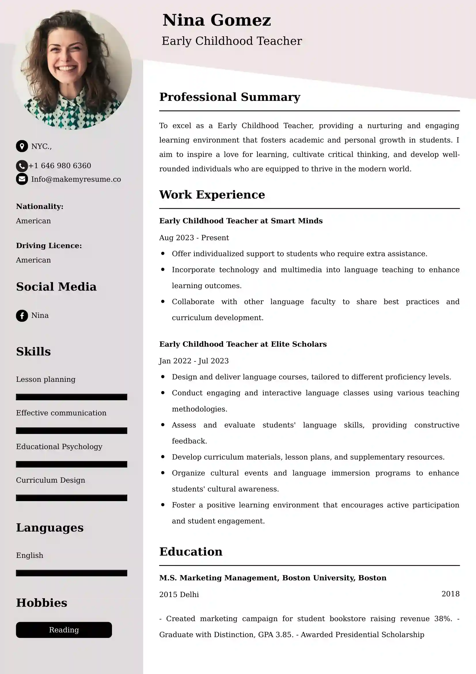 Early Childhood Teacher Resume Examples - UK Format, Latest Template.