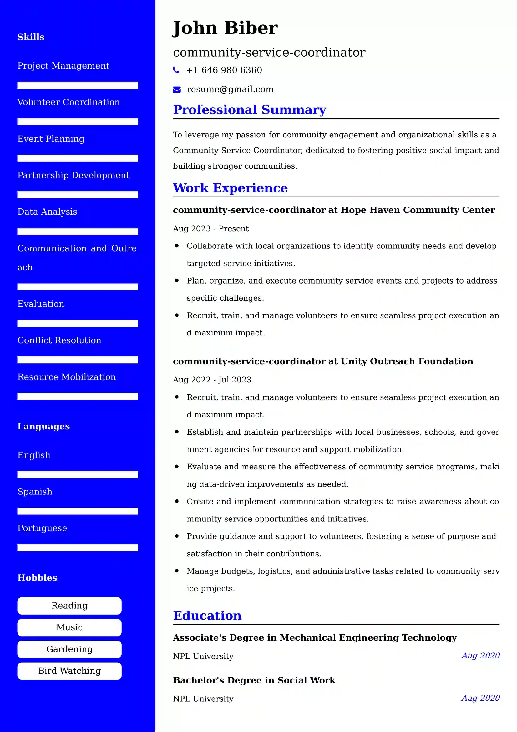Community Service Coordinator Resume Examples - UK Format, Latest Template.