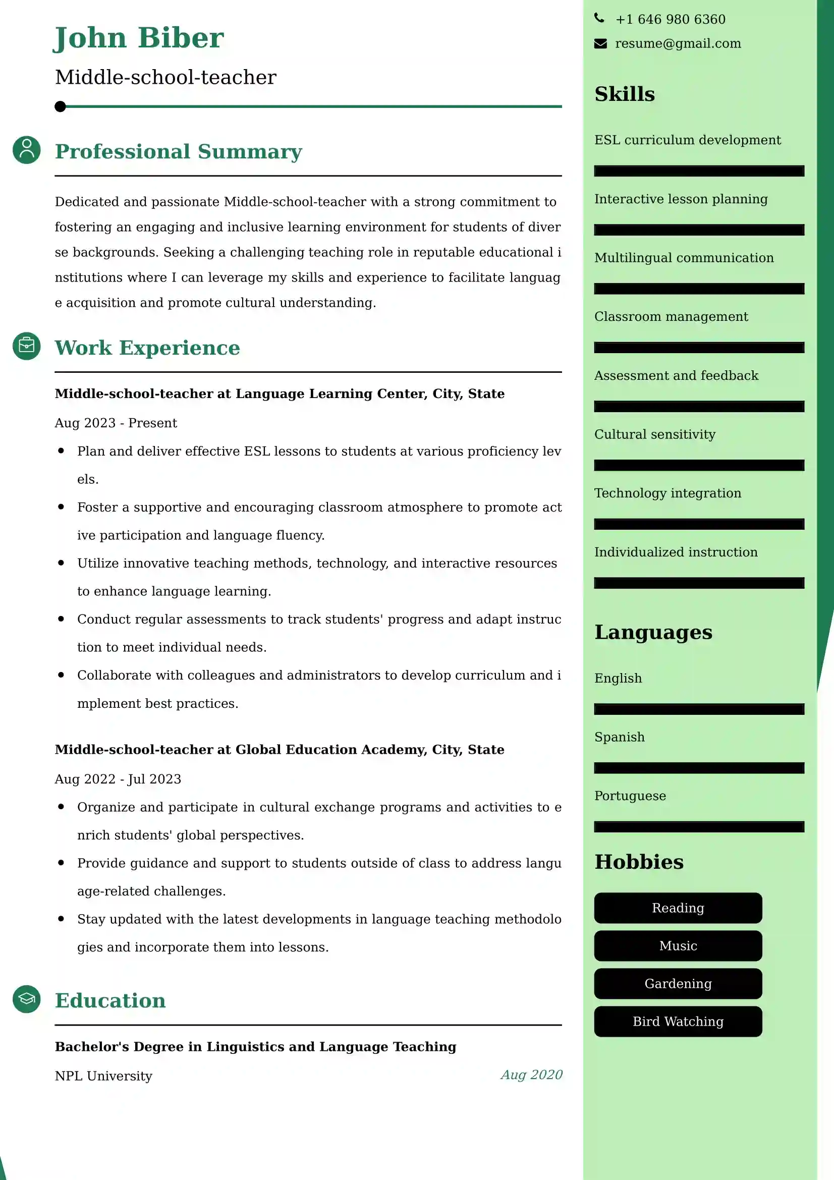 Middle School Teacher Resume Examples - UK Format, Latest Template.