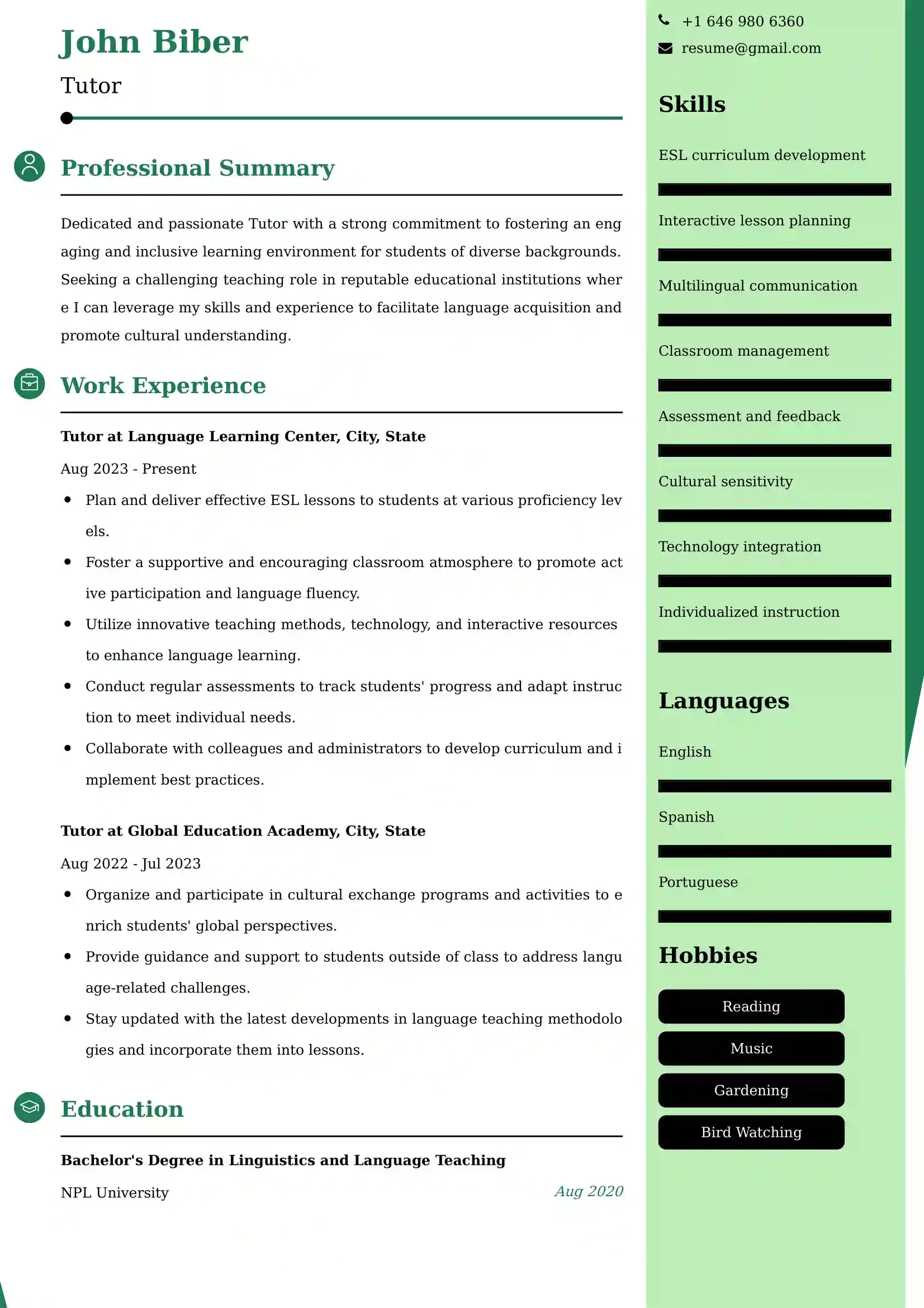 Tutor Resume Examples - UK Format, Latest Template.