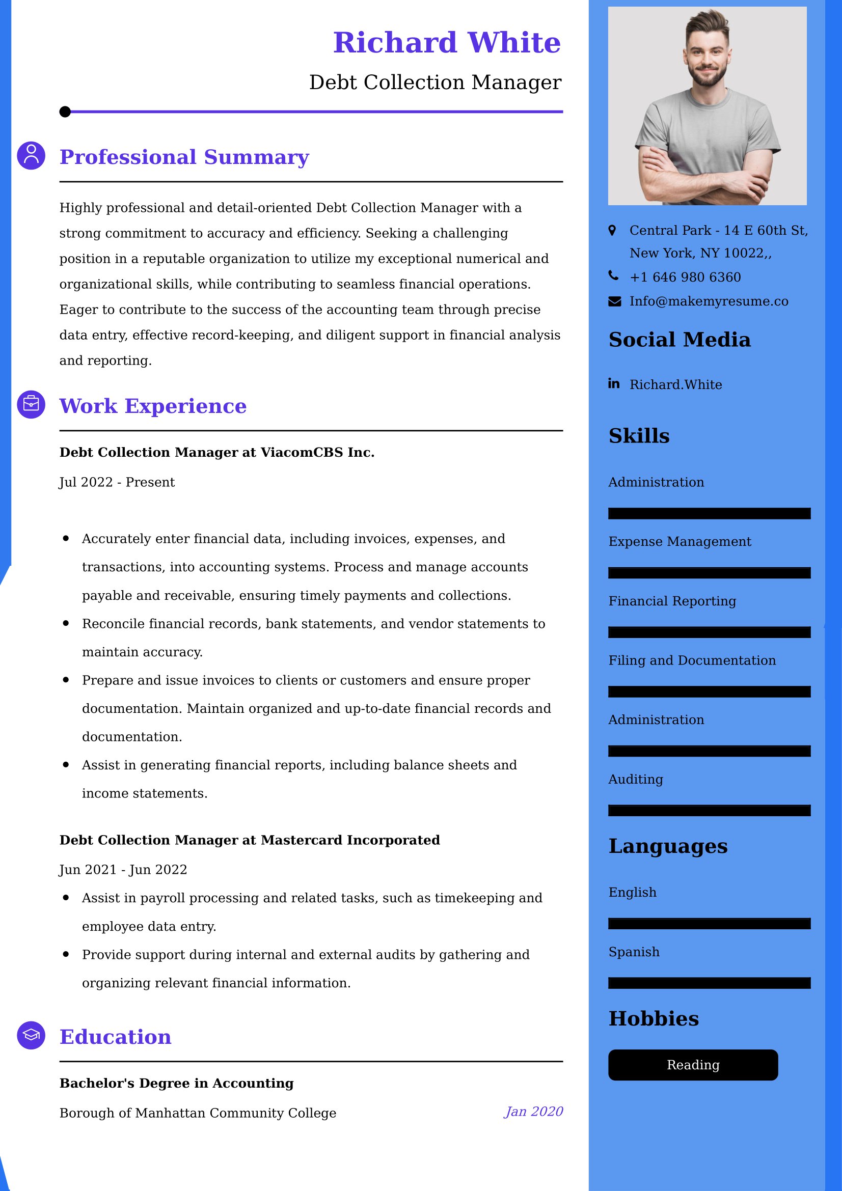 Debt Collection Manager Resume Examples - UK Format, Latest Template.