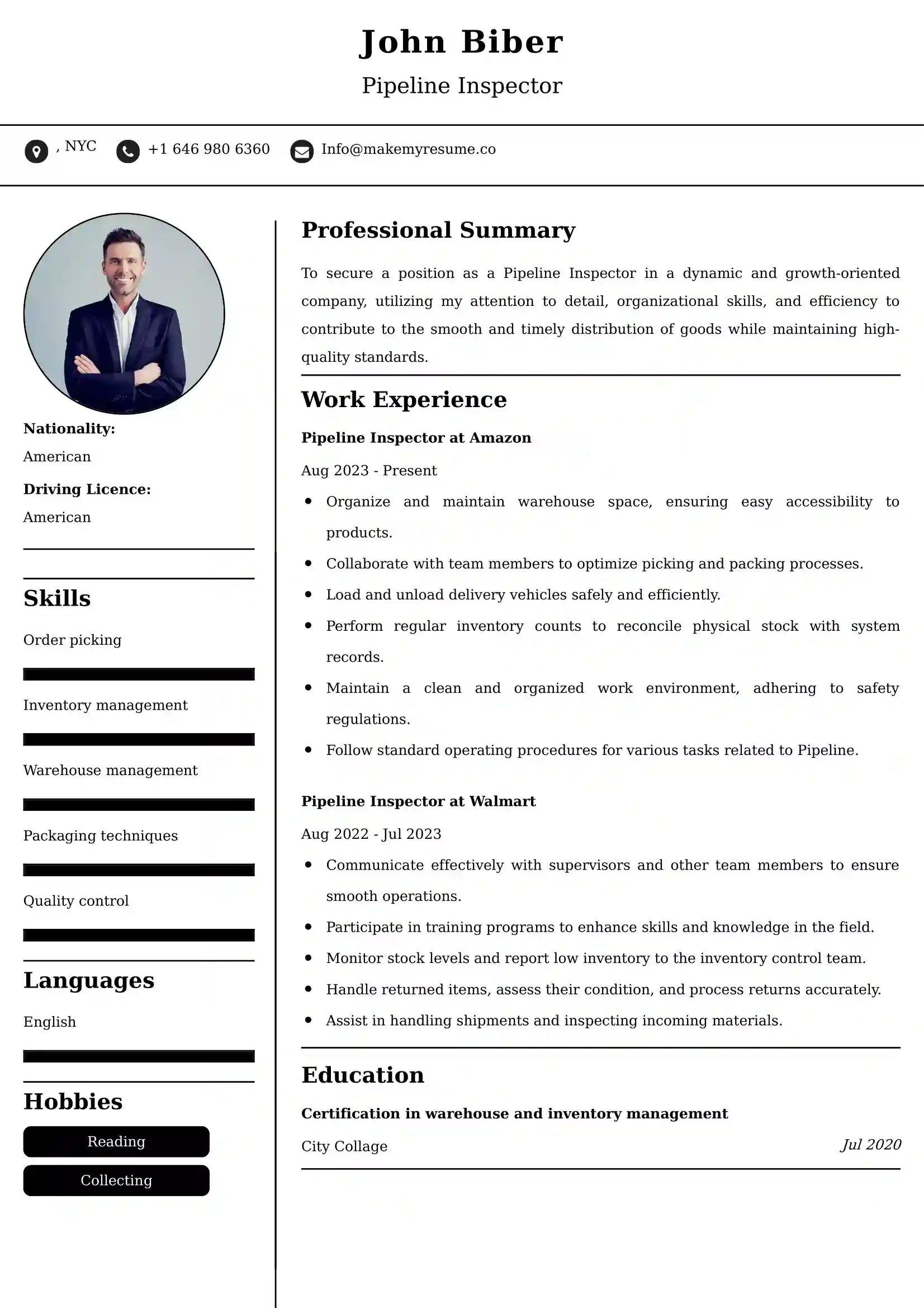 Pipeline Inspector Resume Examples - UK Format, Latest Template.