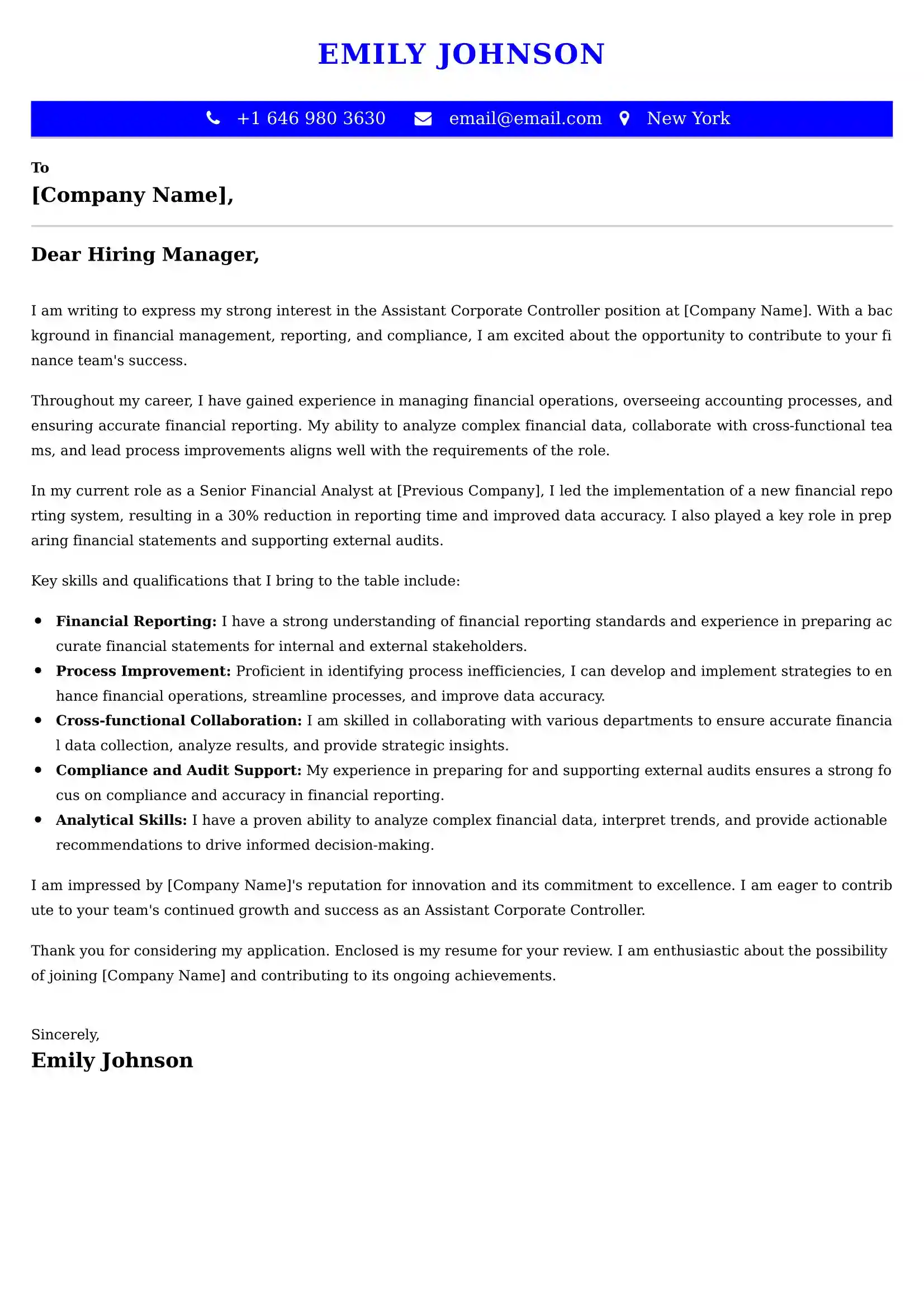 Assistant Corporate Controller Cover Letter Examples - Latest UK Format