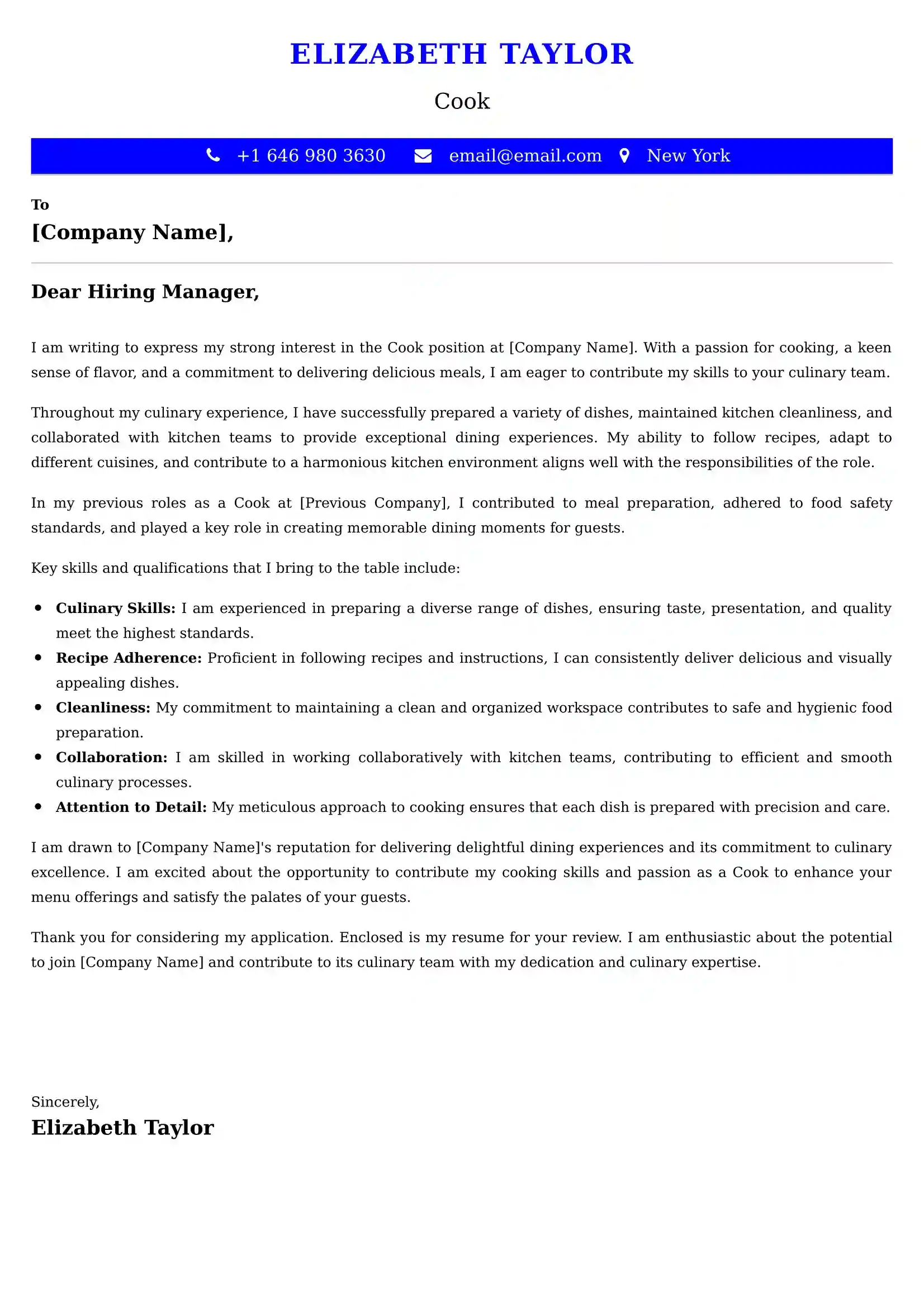 Cook Cover Letter Examples - Latest UK Format