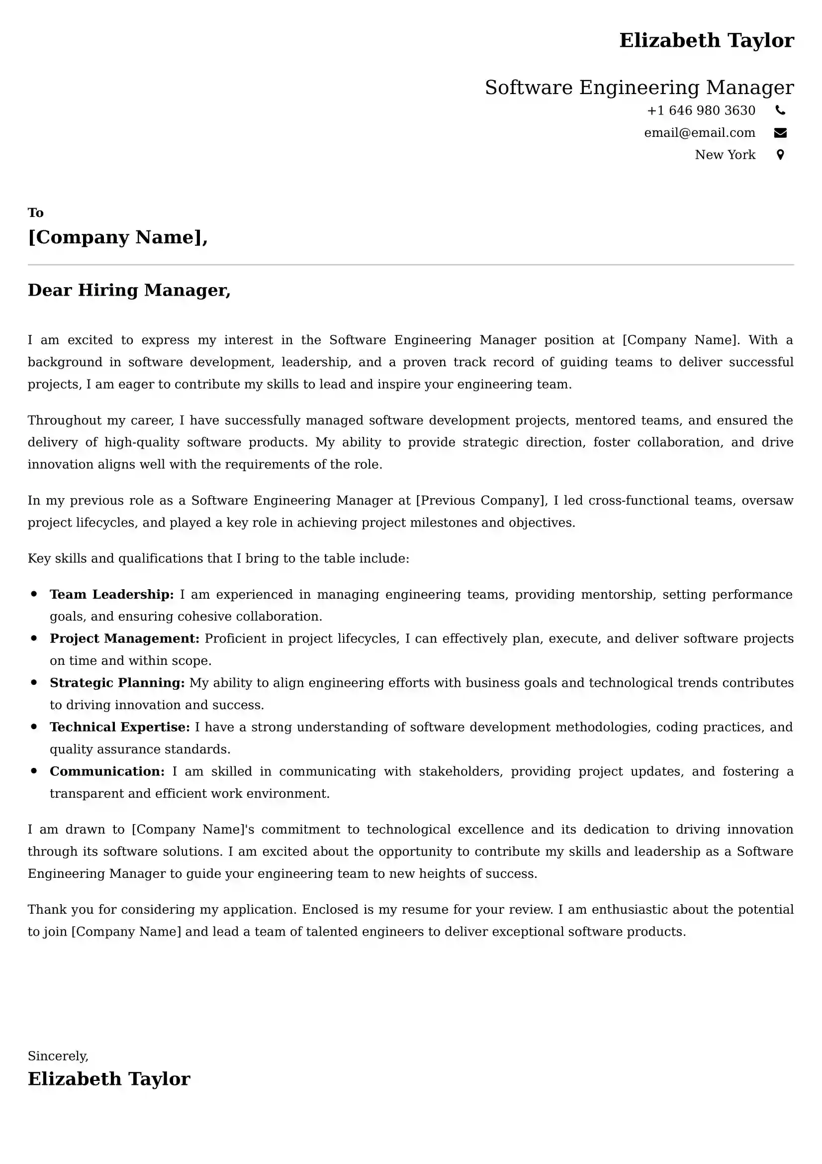 Software Engineering Manager Cover Letter Examples - Latest UK Format