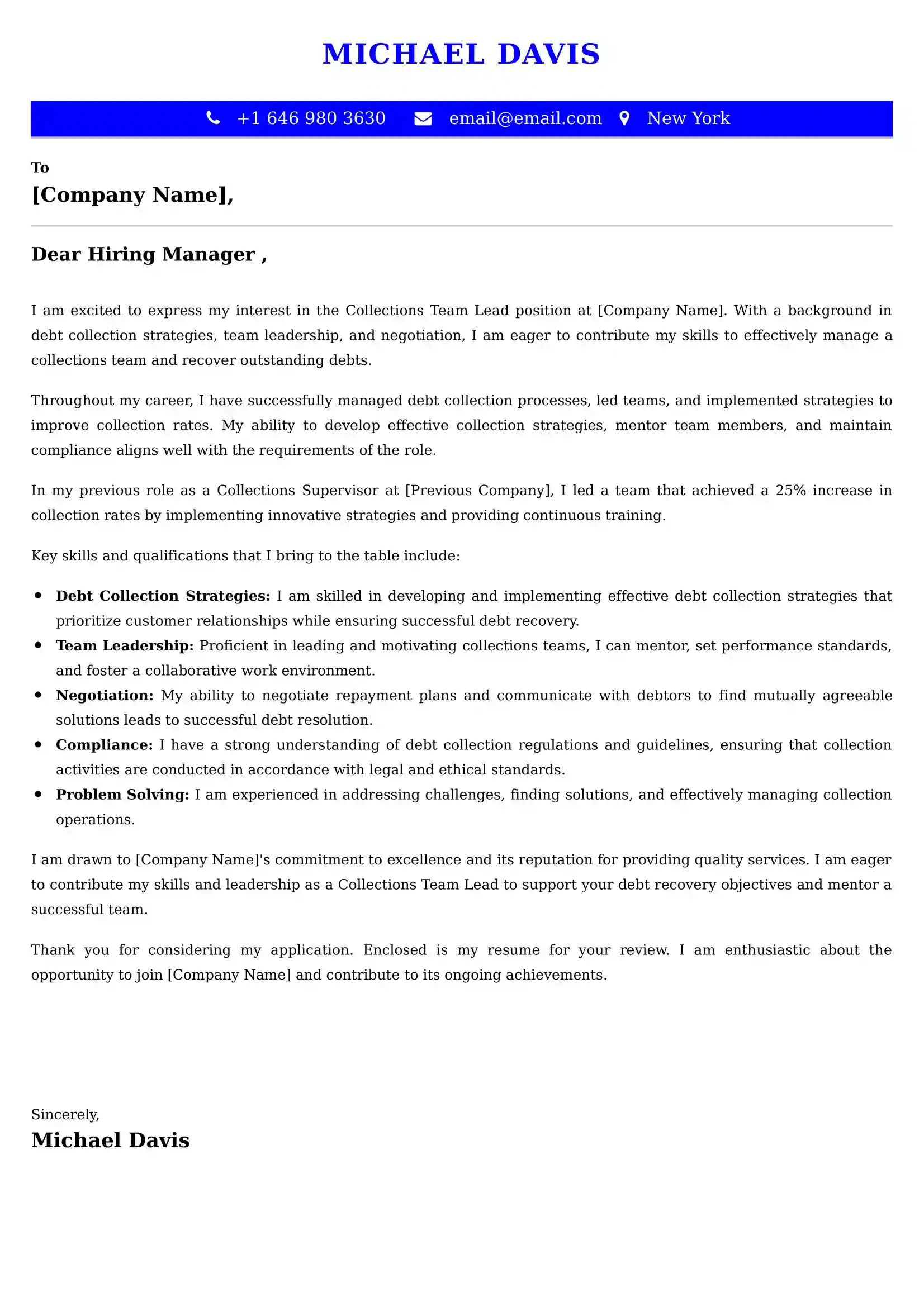 Collections Team Lead Cover Letter Examples - Latest UK Format
