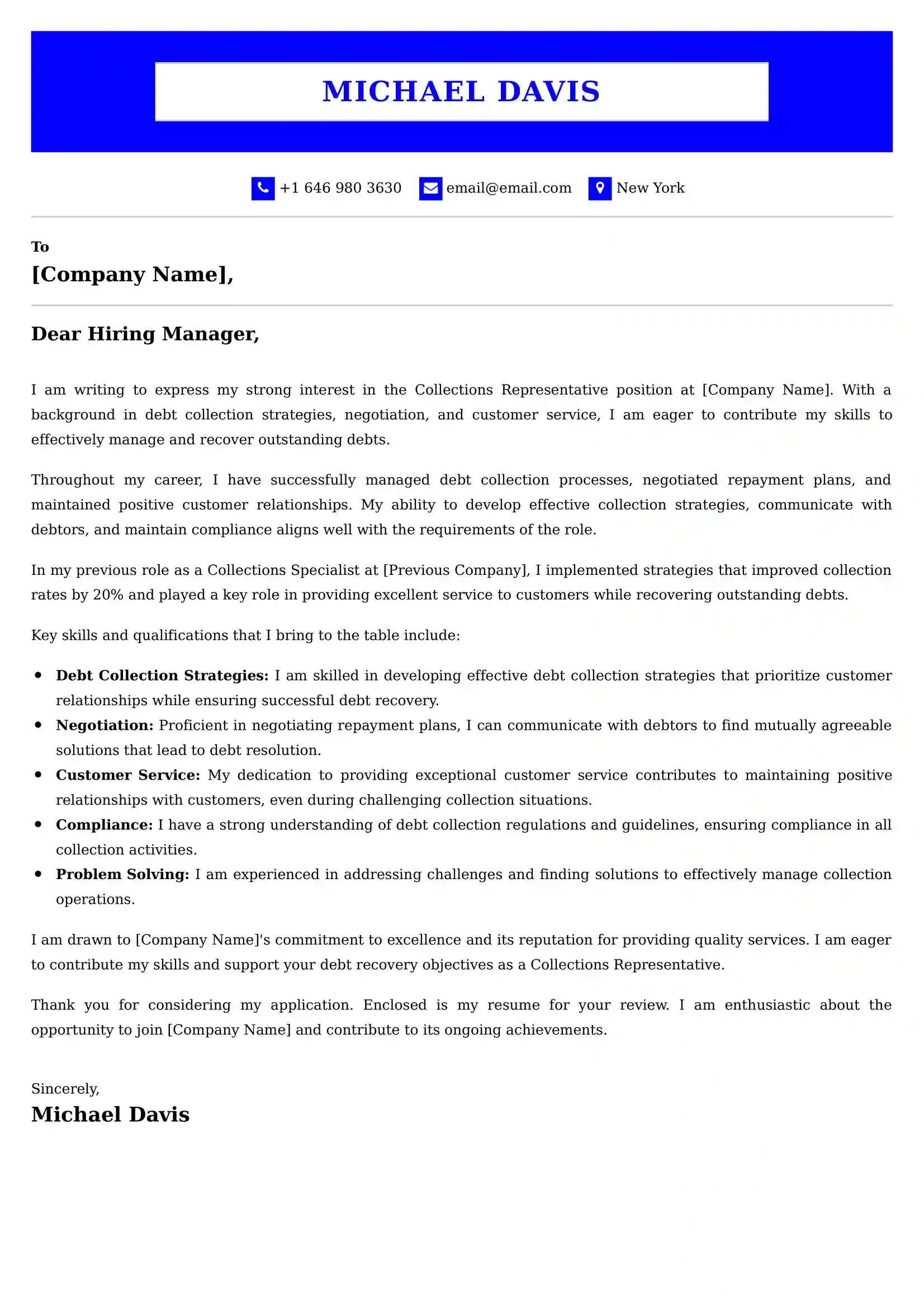 Collections Representative Cover Letter Examples - Latest UK Format