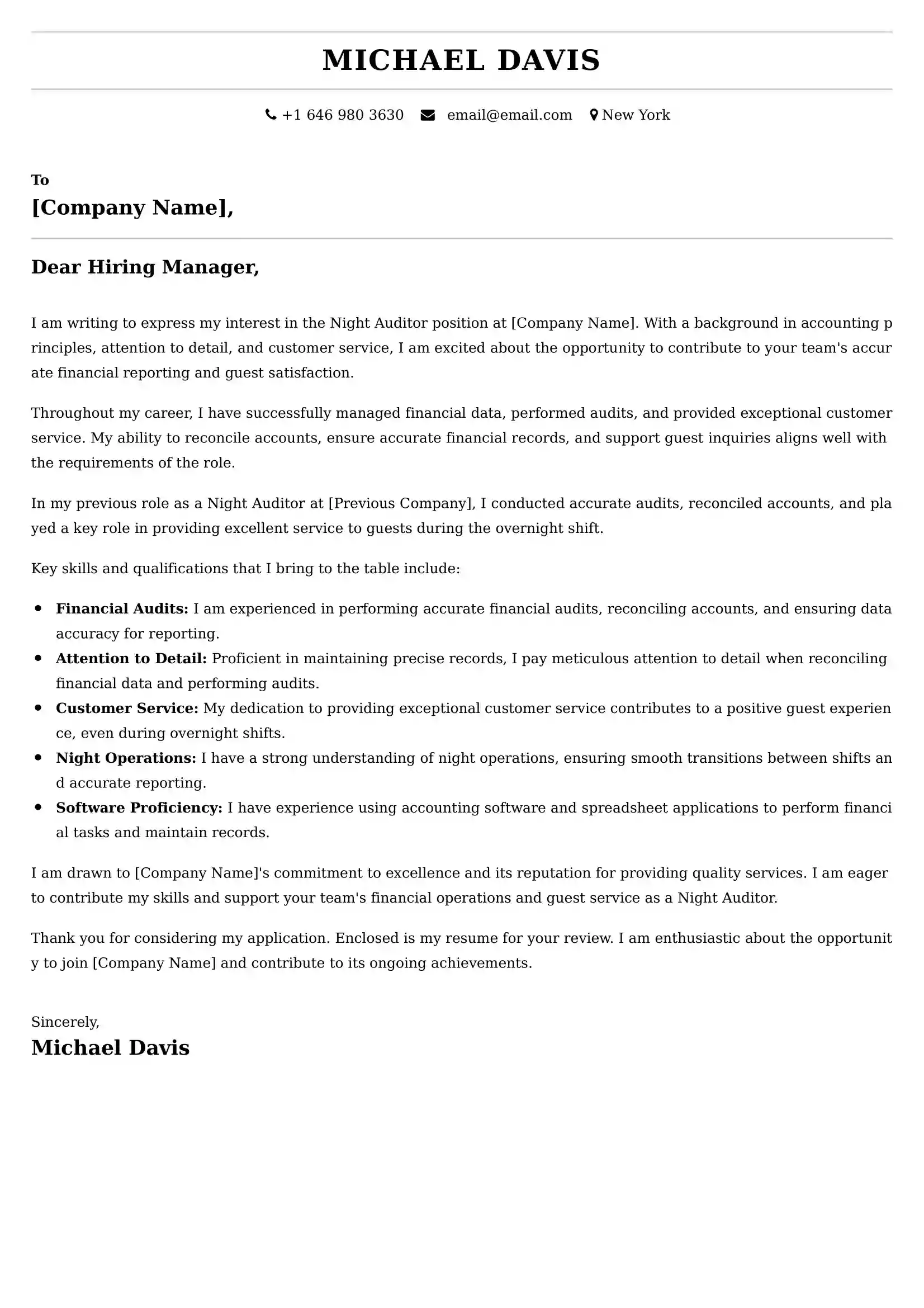 Night Auditor Cover Letter Examples - Latest UK Format