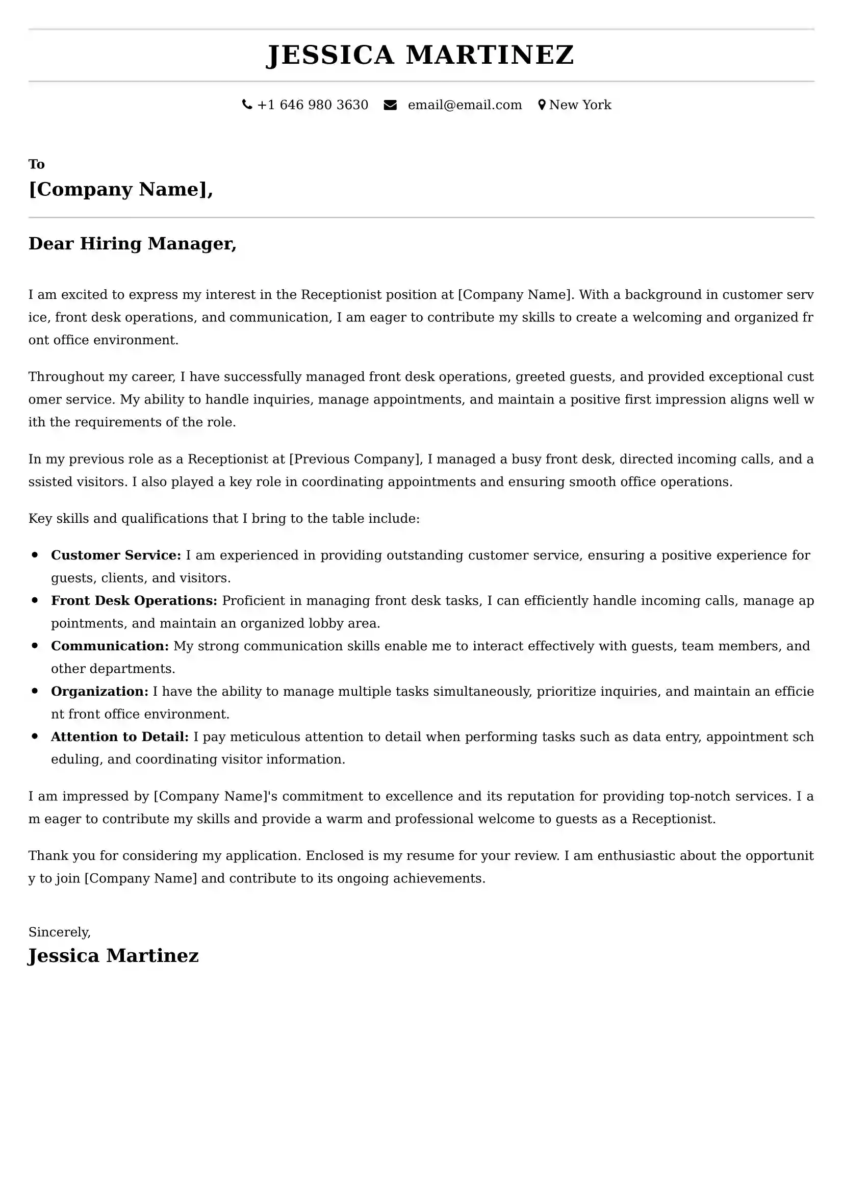 Receptionist Cover Letter Examples - Latest UK Format