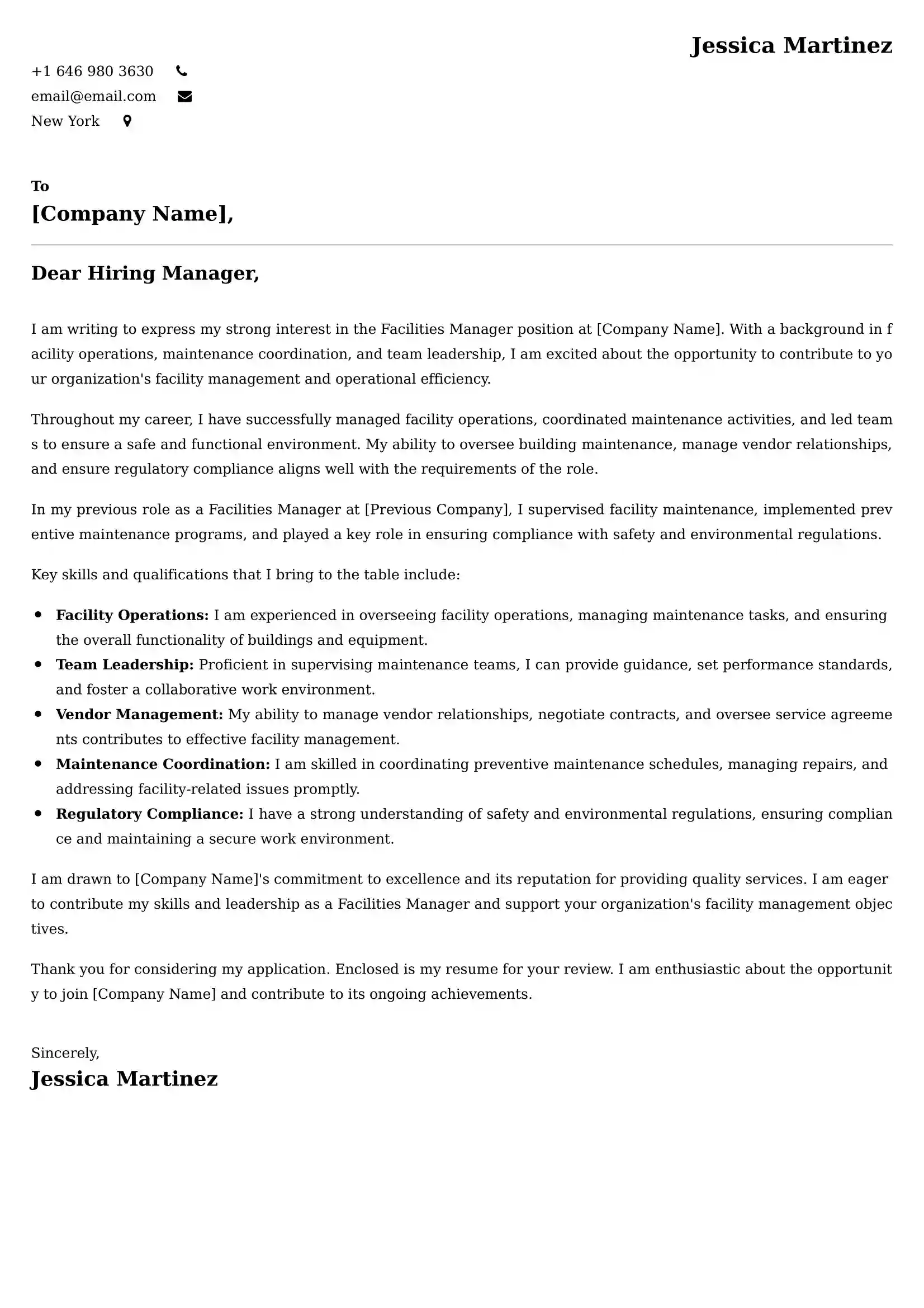 Facilities Manager Cover Letter Examples - Latest UK Format