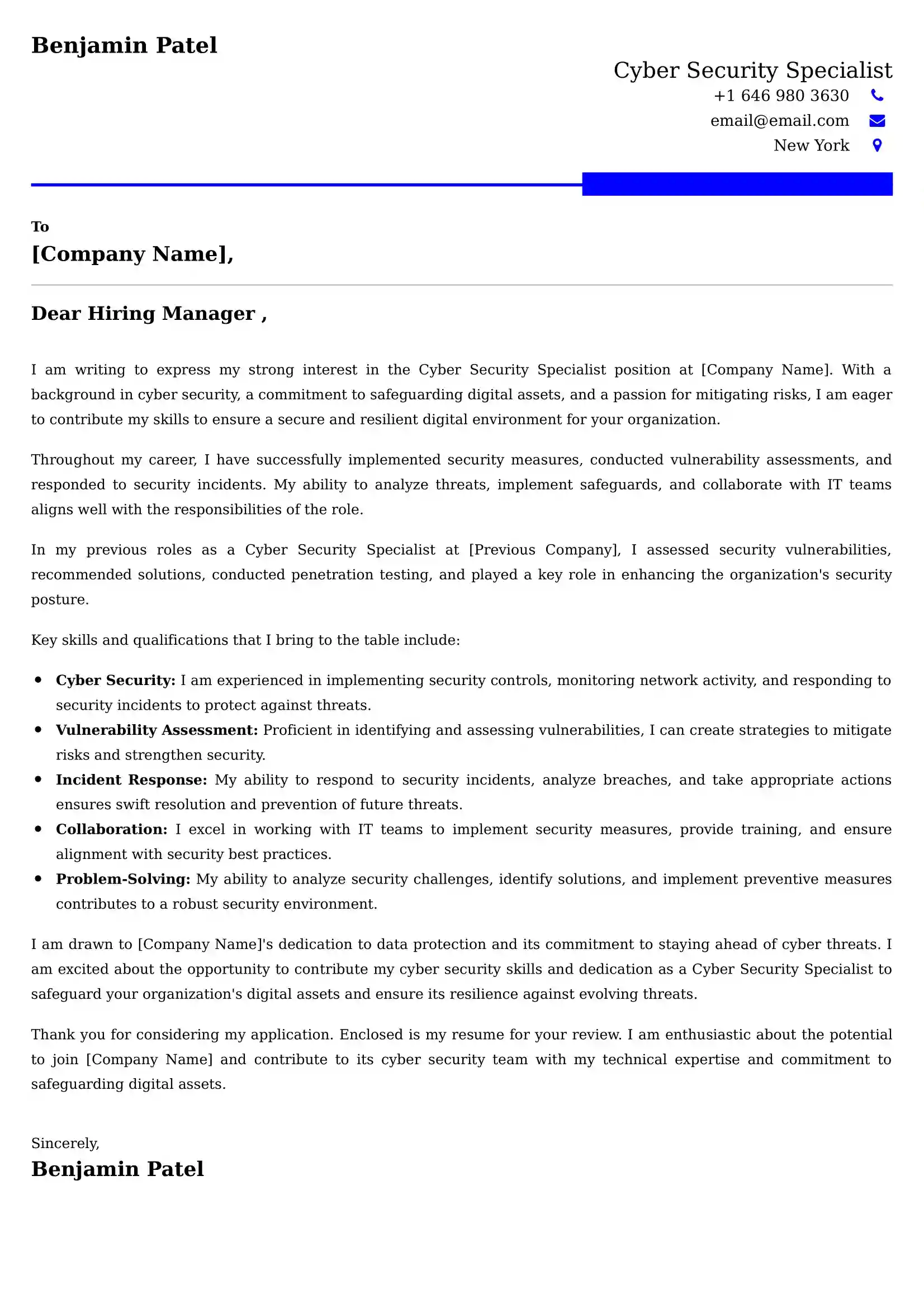 Cyber Security Specialist Cover Letter Examples - Latest UK Format