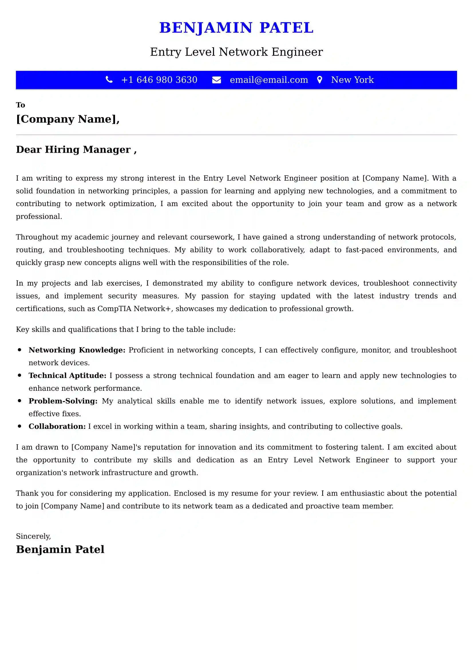 Entry Level Network Engineer Cover Letter Examples - Latest UK Format