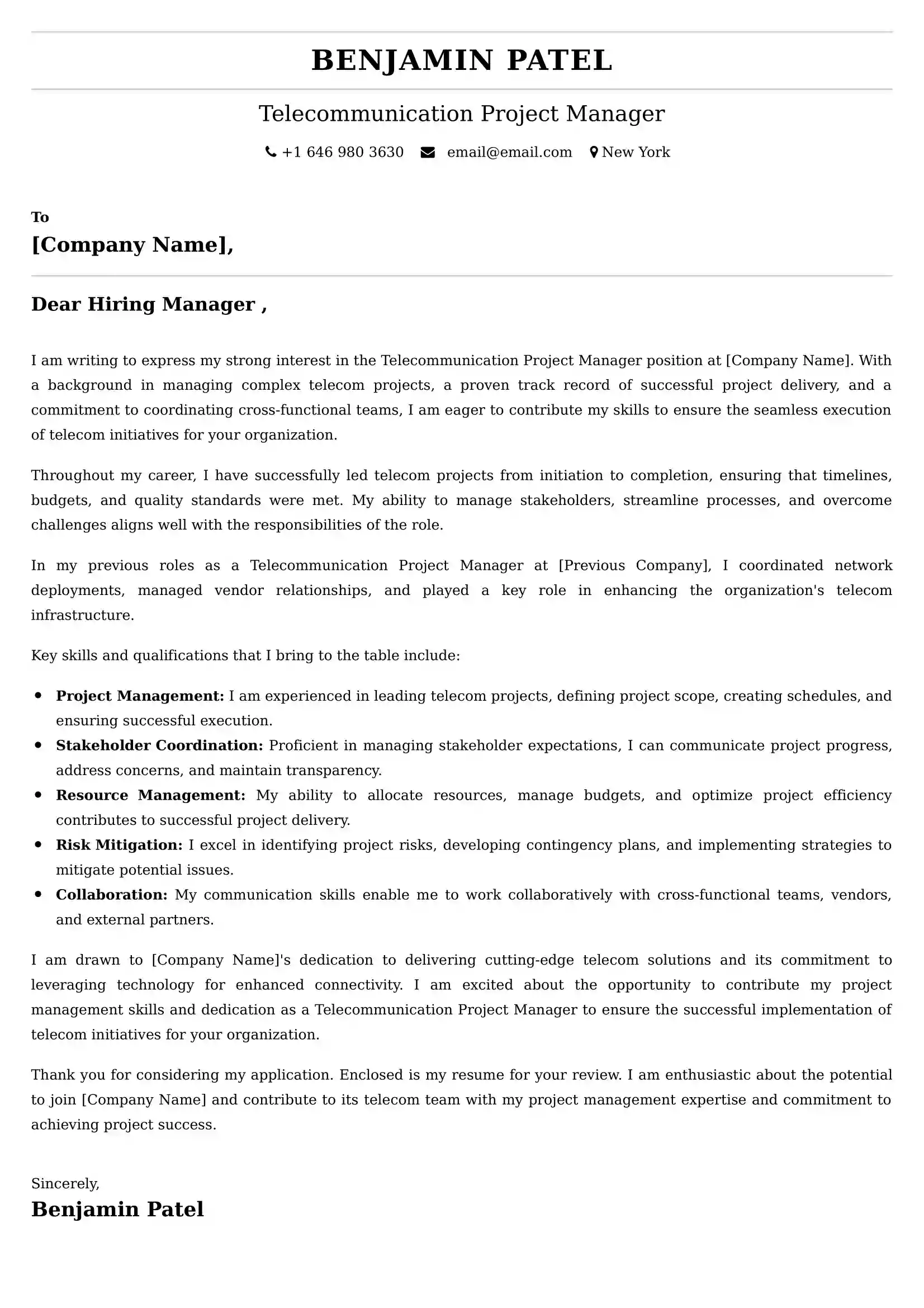 Telecommunication Project Manager Cover Letter Examples - Latest UK Format