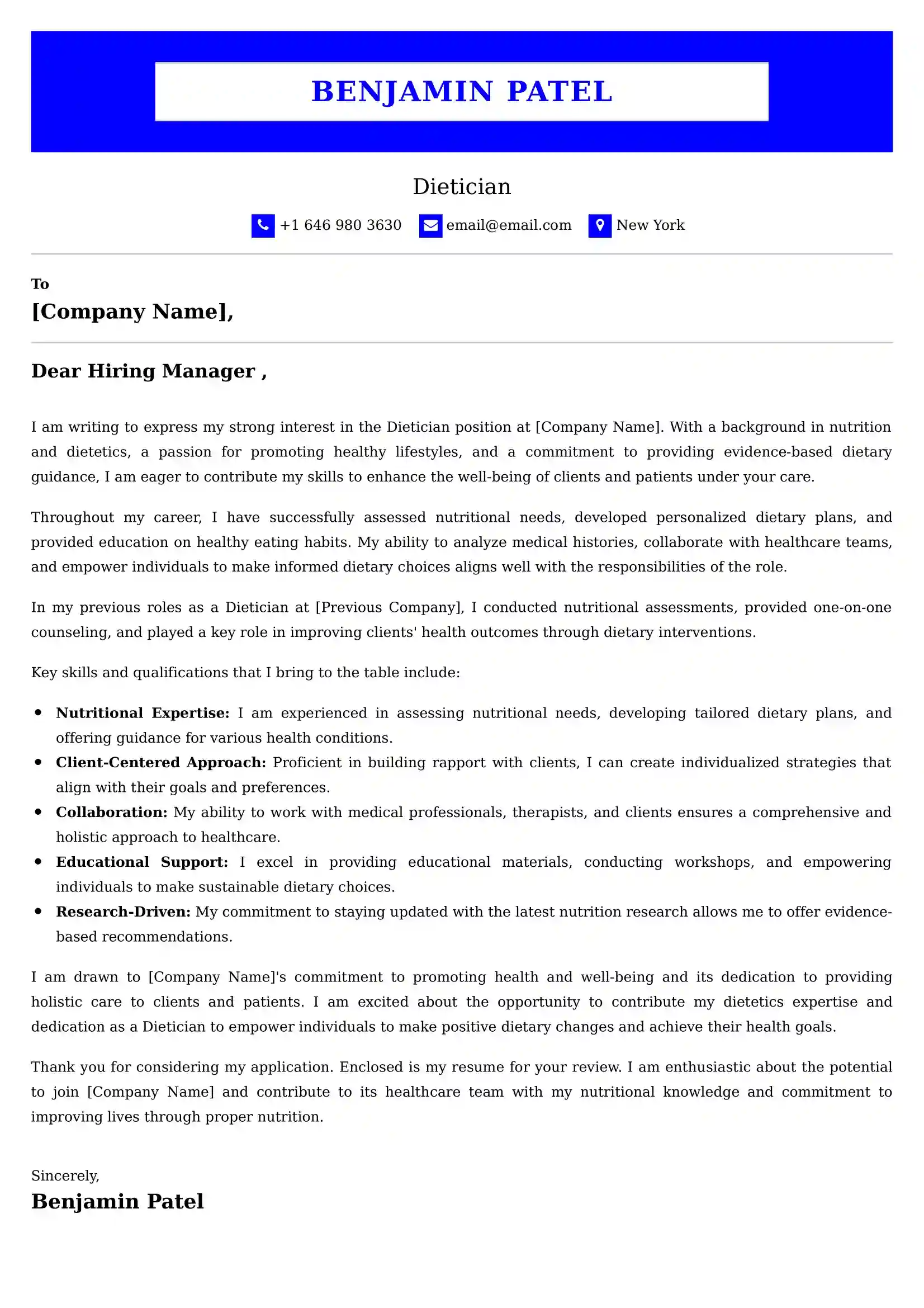 Dietician Cover Letter Examples - Latest UK Format