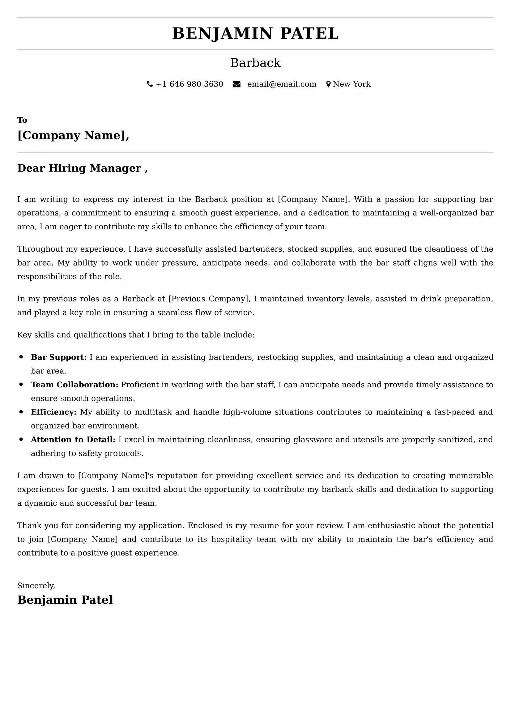 Barback Cover Letter Examples - Latest UK Format