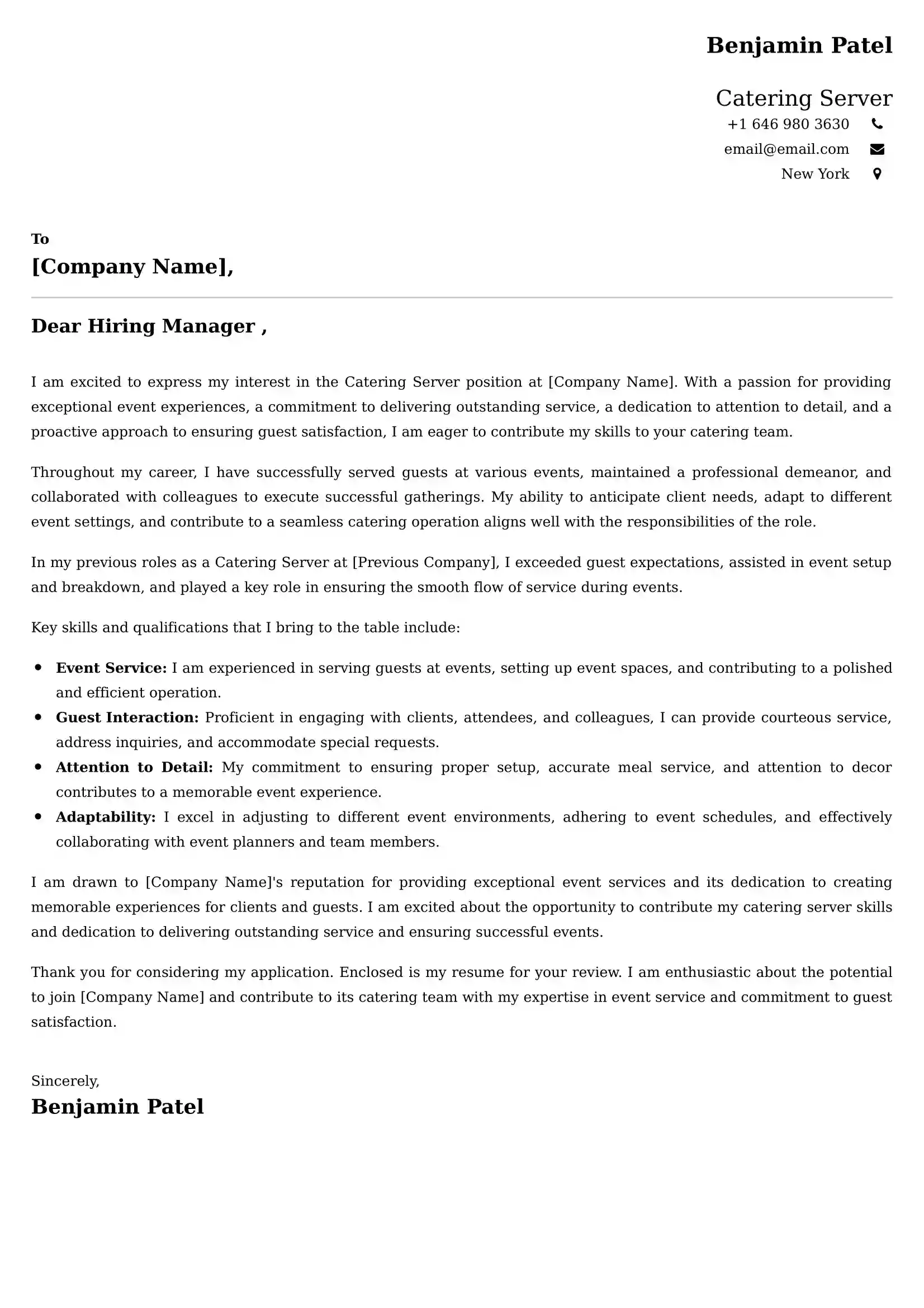 Catering Server Cover Letter Examples - Latest UK Format