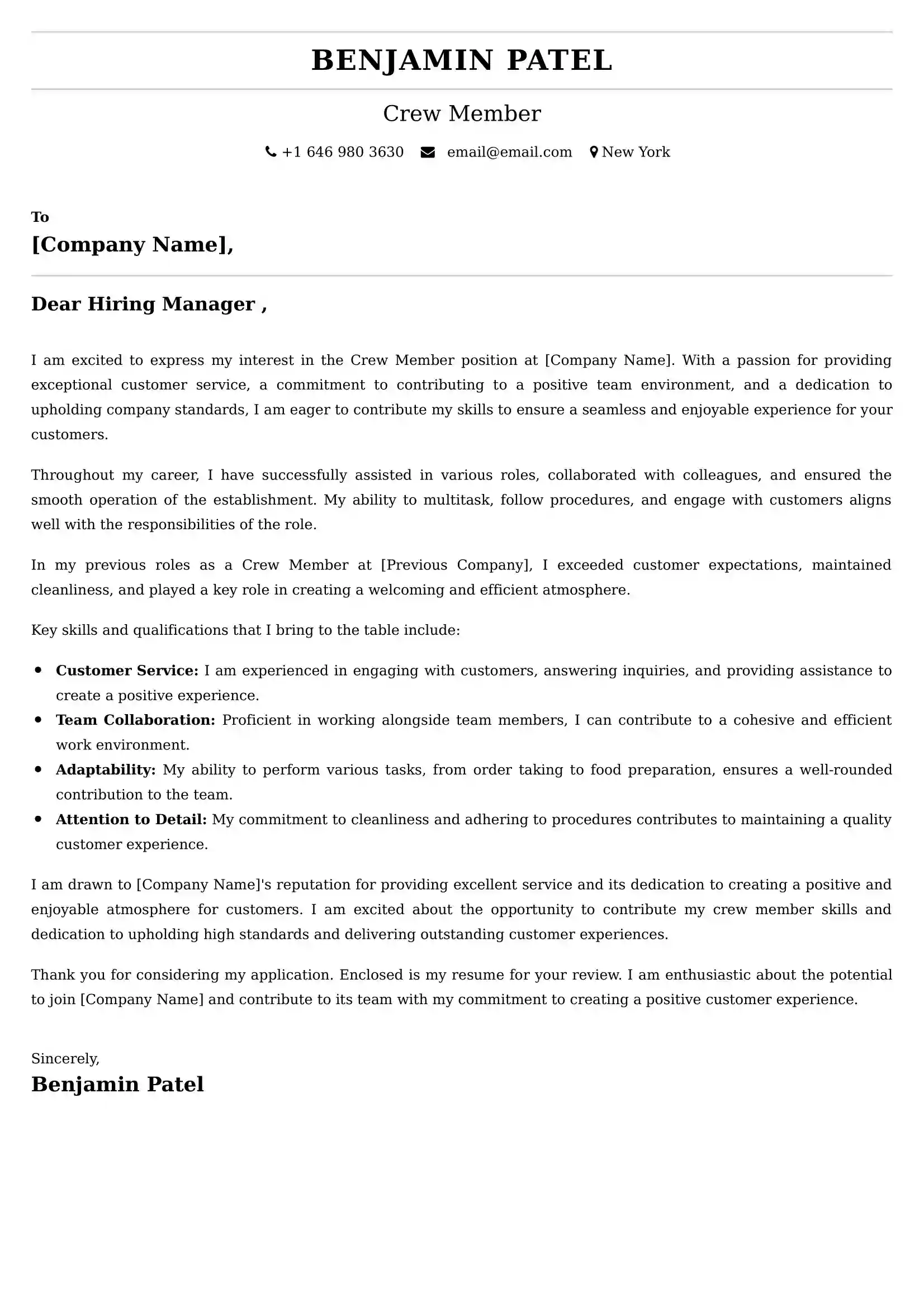 Crew Member Cover Letter Examples - Latest UK Format