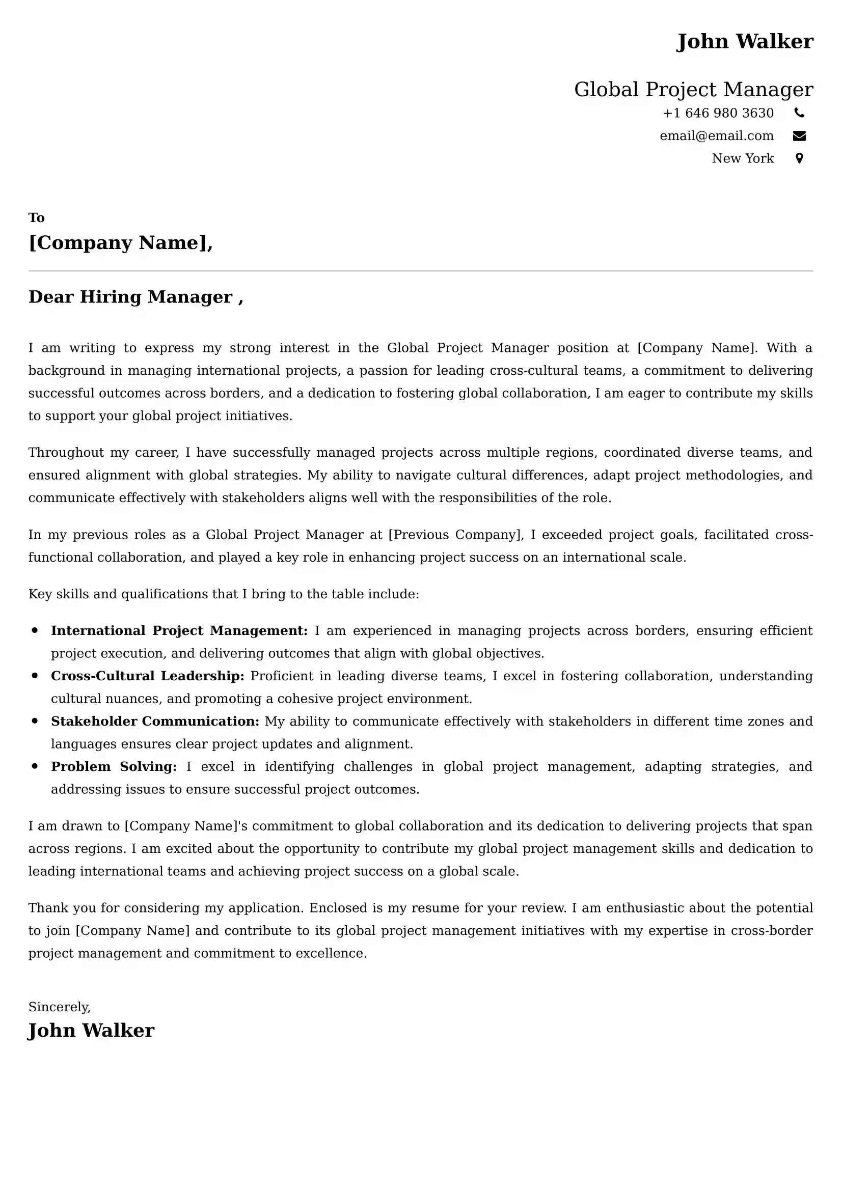 Global Project Manager Cover Letter Examples - Latest UK Format