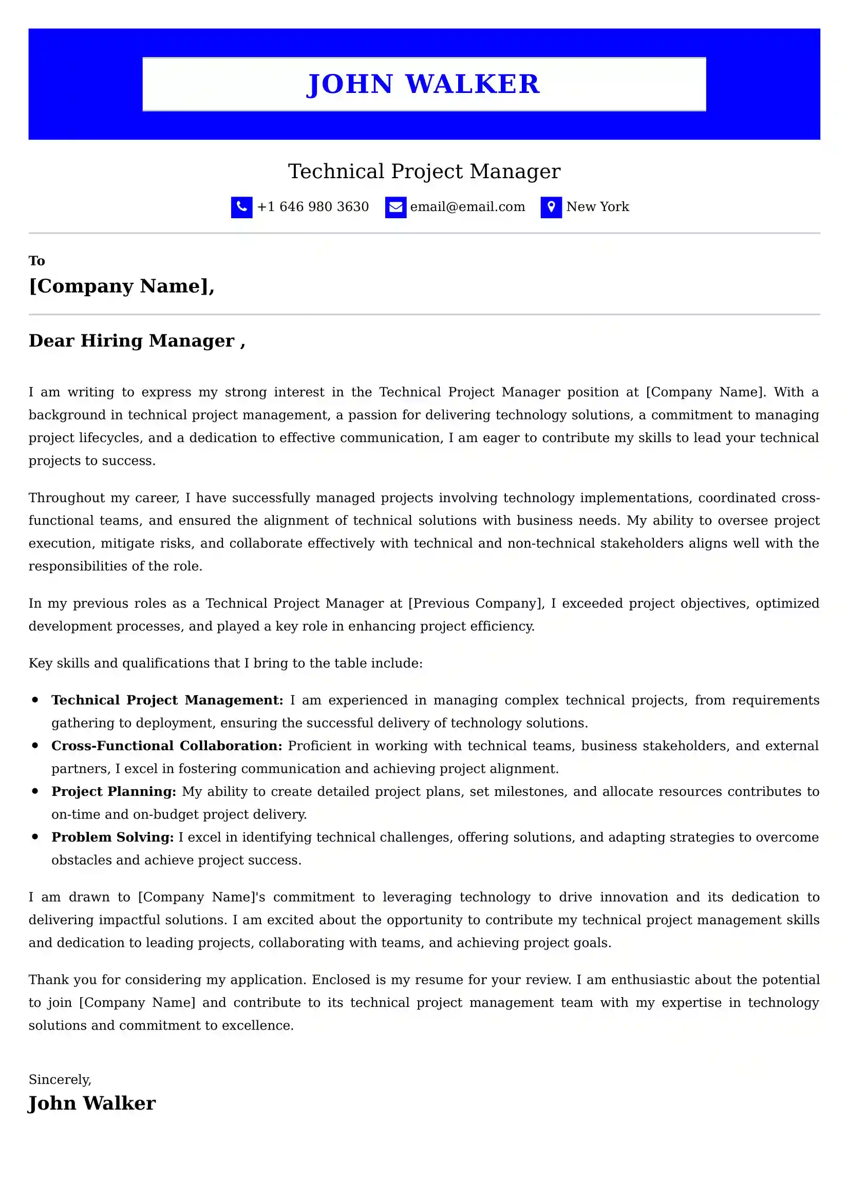 Technical Project Manager Cover Letter Examples - Latest UK Format