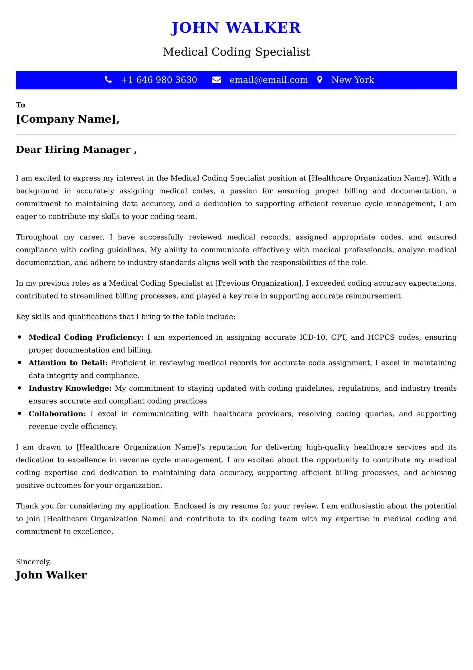 Medical Coding Specialist Cover Letter Examples - Latest UK Format
