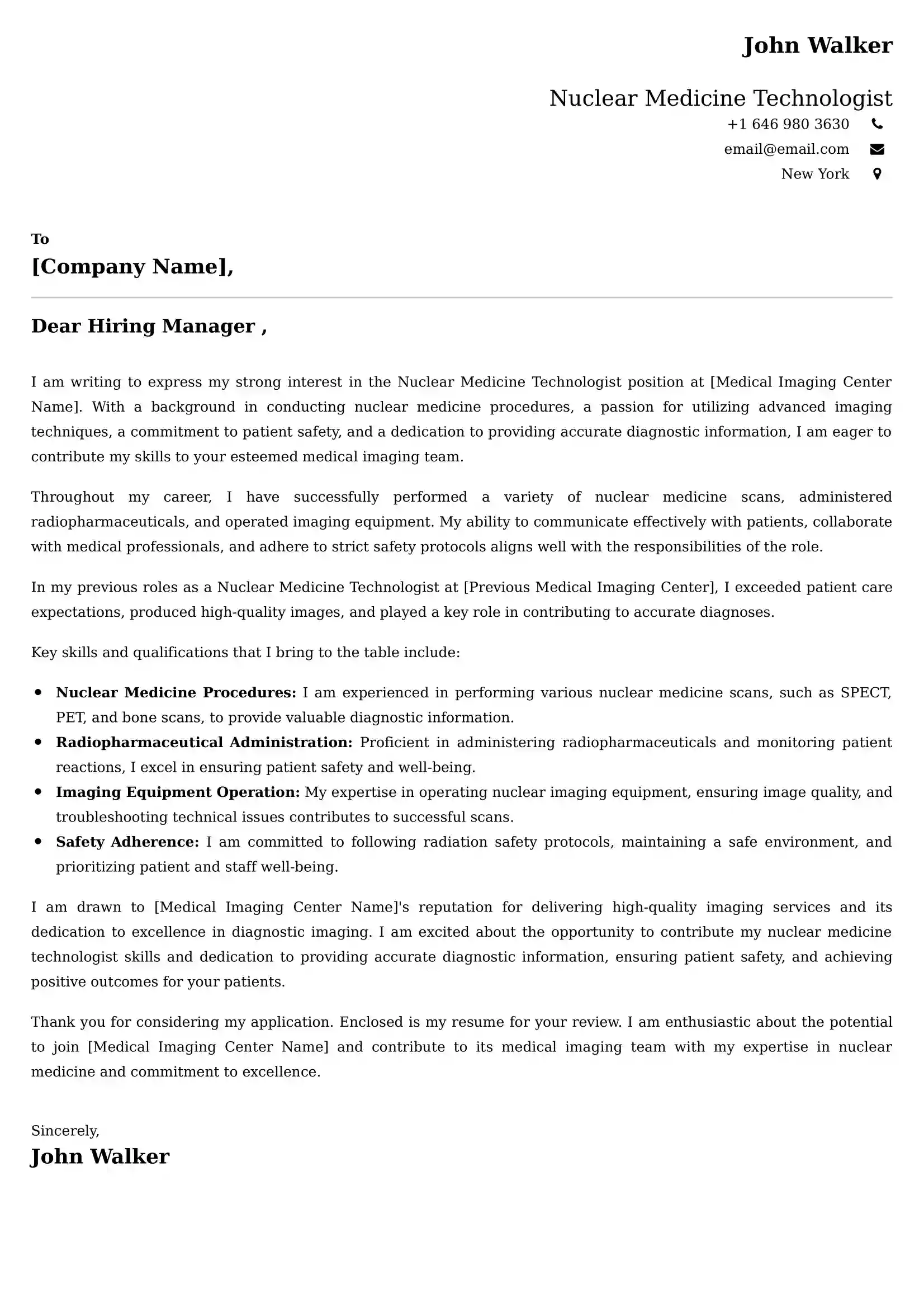 Nuclear Medicine Technologist Cover Letter Examples - Latest UK Format