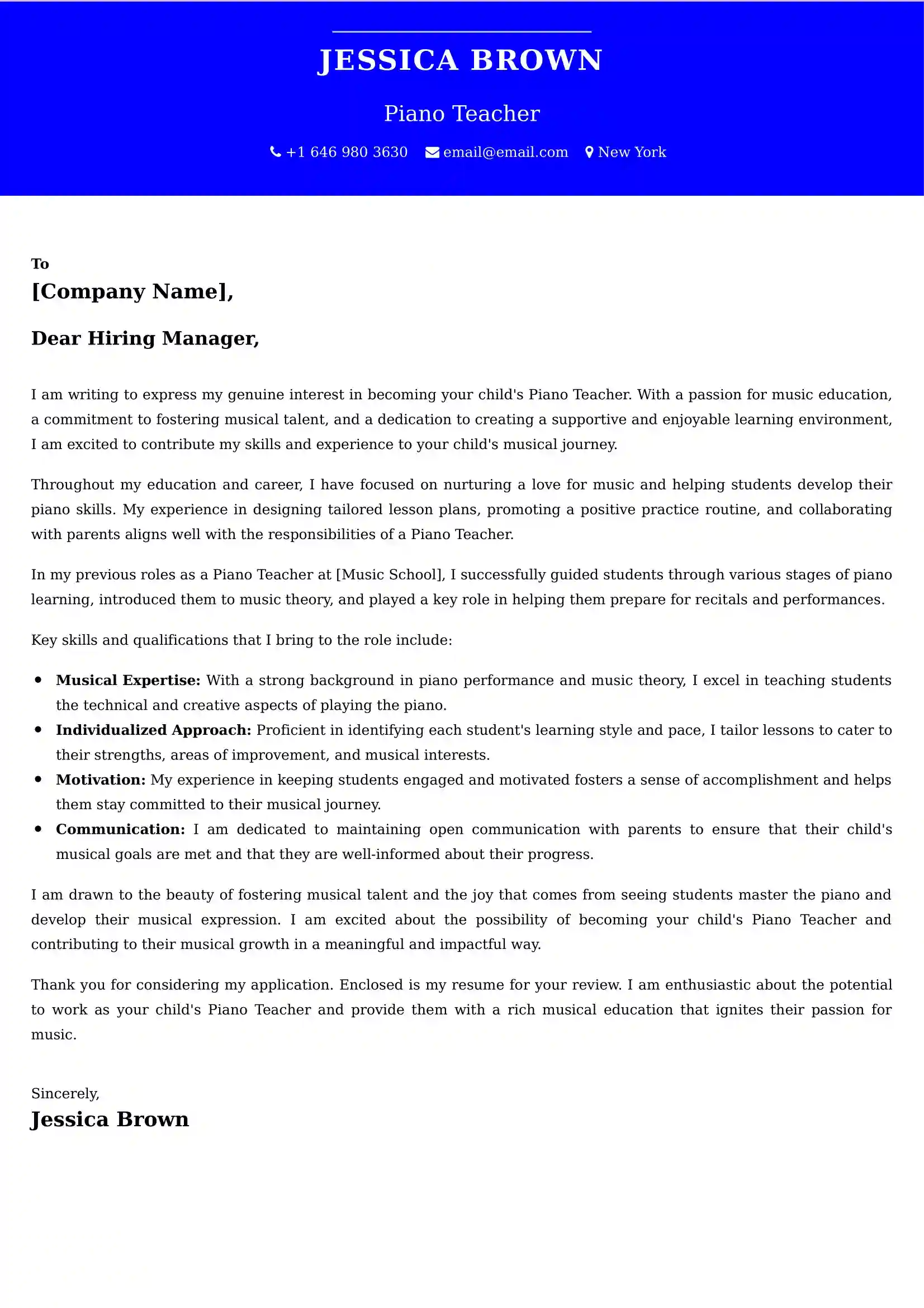 Piano Teacher Cover Letter Examples - Latest UK Format
