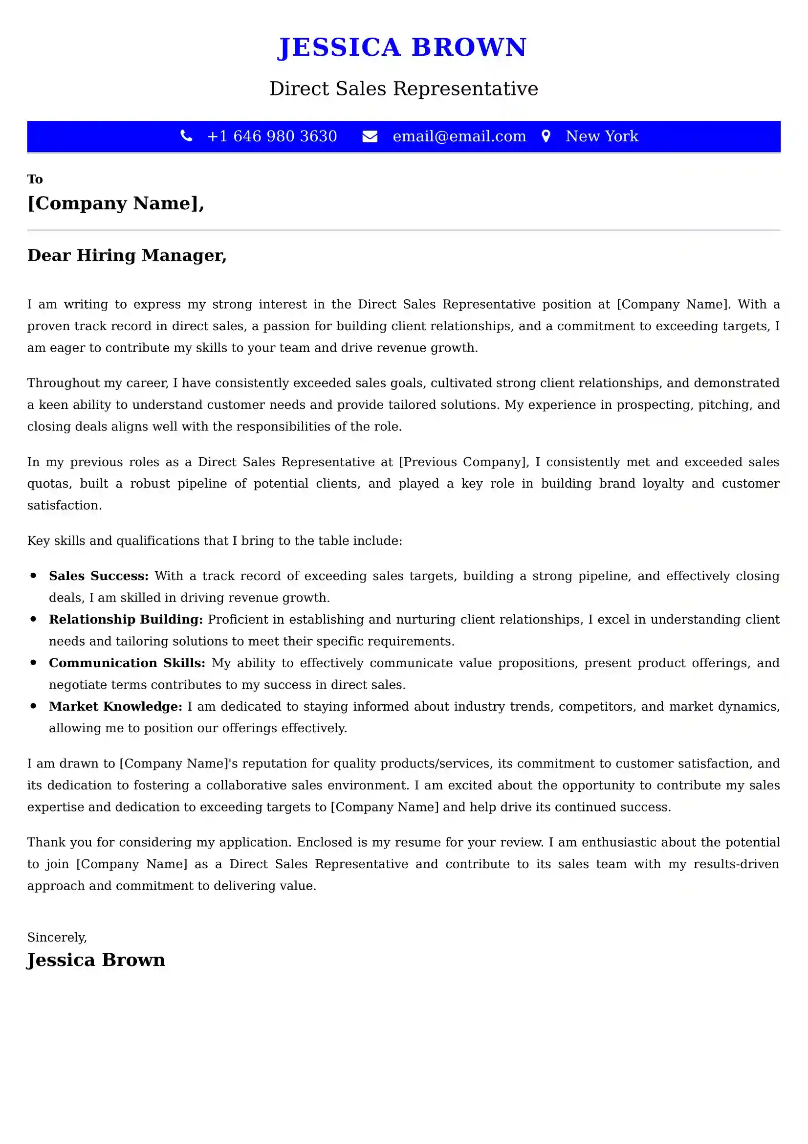 Direct Sales Representative Cover Letter Examples - Latest UK Format