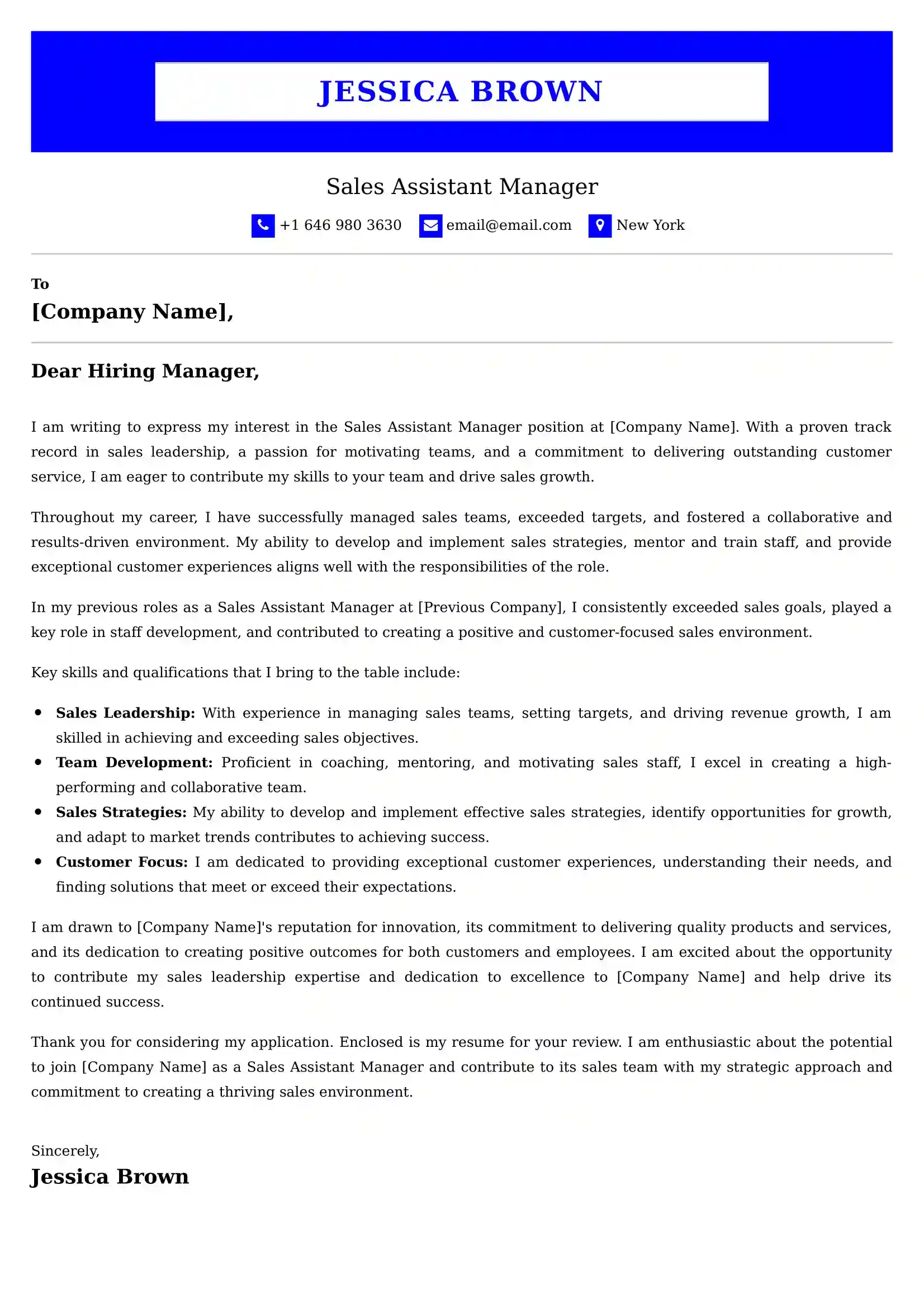Sales Assistant Manager Cover Letter Examples - Latest UK Format