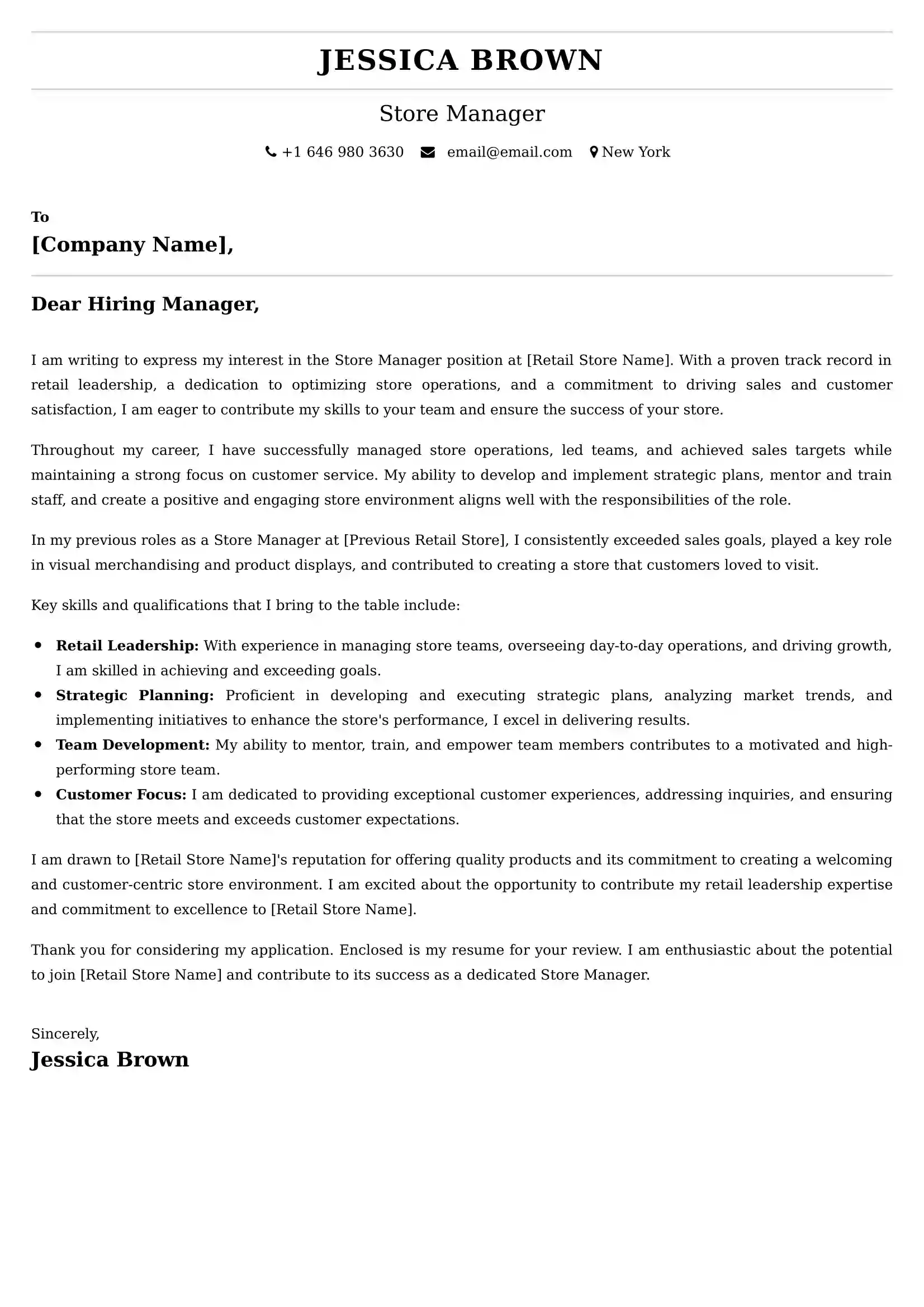 Store Manager Cover Letter Examples - Latest UK Format