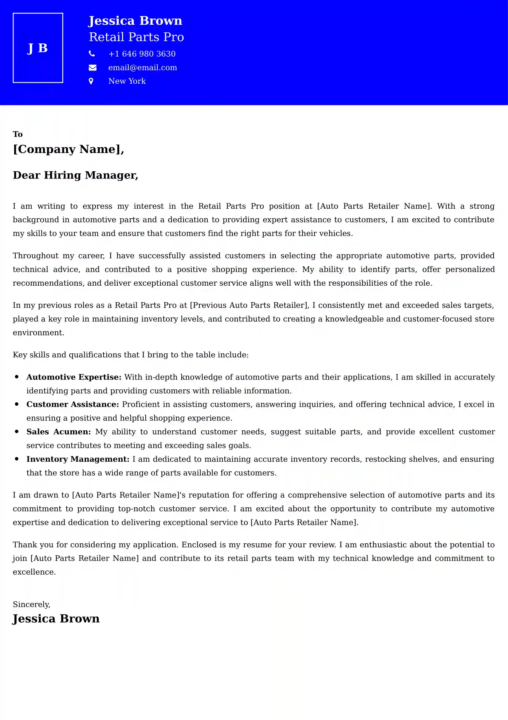 Retail Parts Pro Cover Letter Examples - Latest UK Format