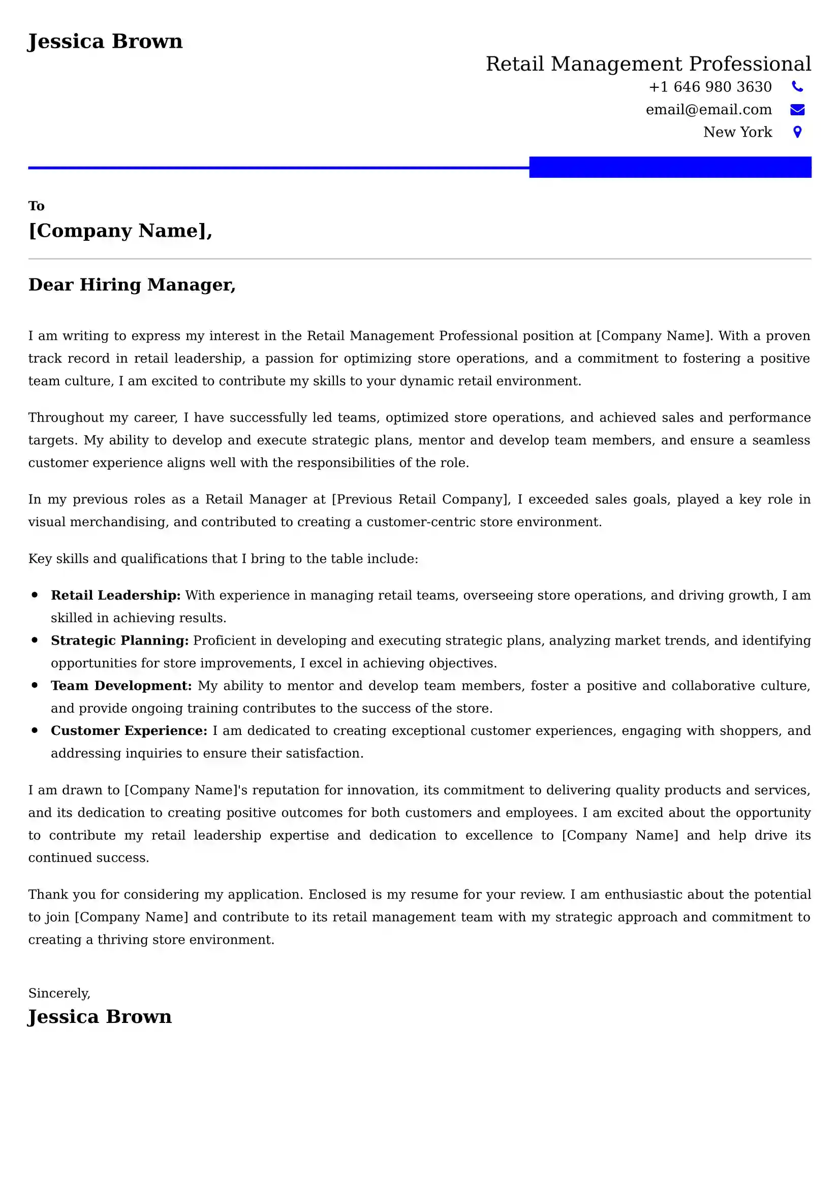 Retail Management Professional Cover Letter Examples - Latest UK Format