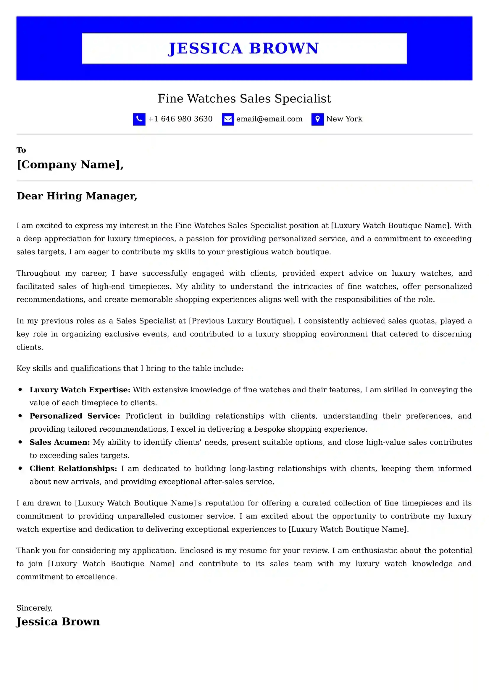 Fine Watches Sales Specialist Cover Letter Examples - Latest UK Format