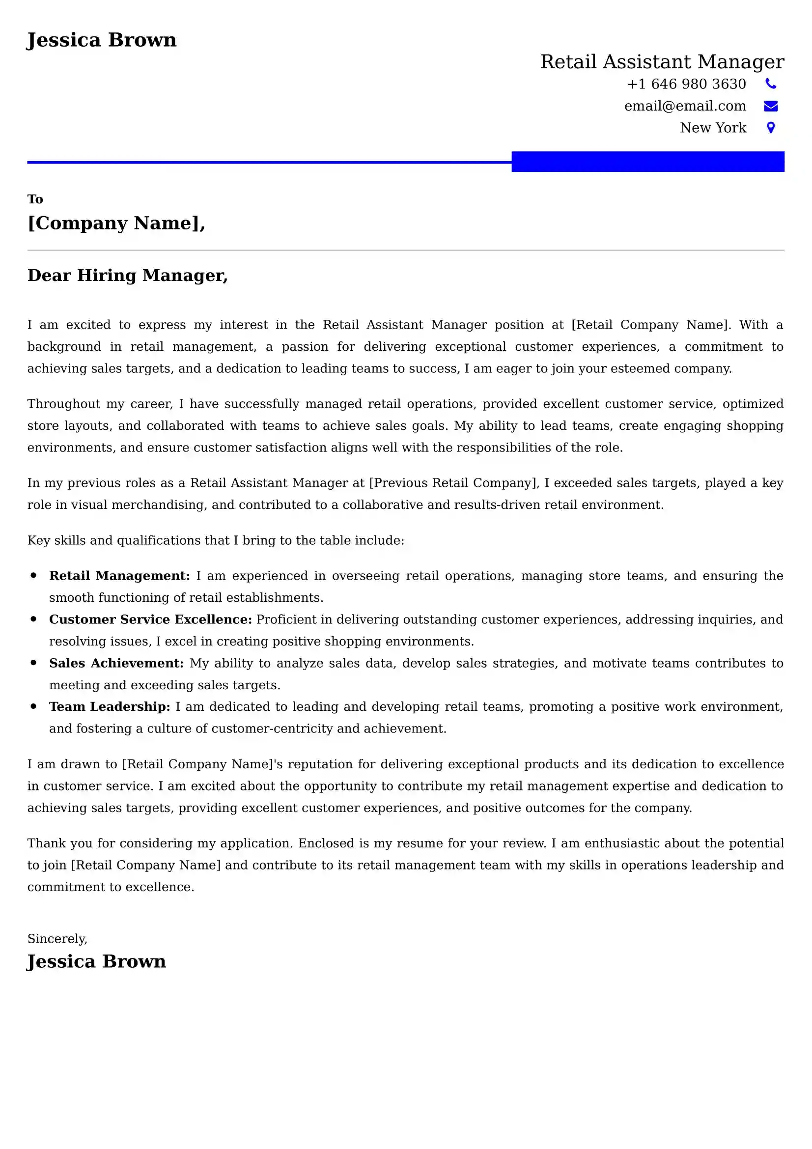 Retail Assistant Manager Cover Letter Examples - Latest UK Format