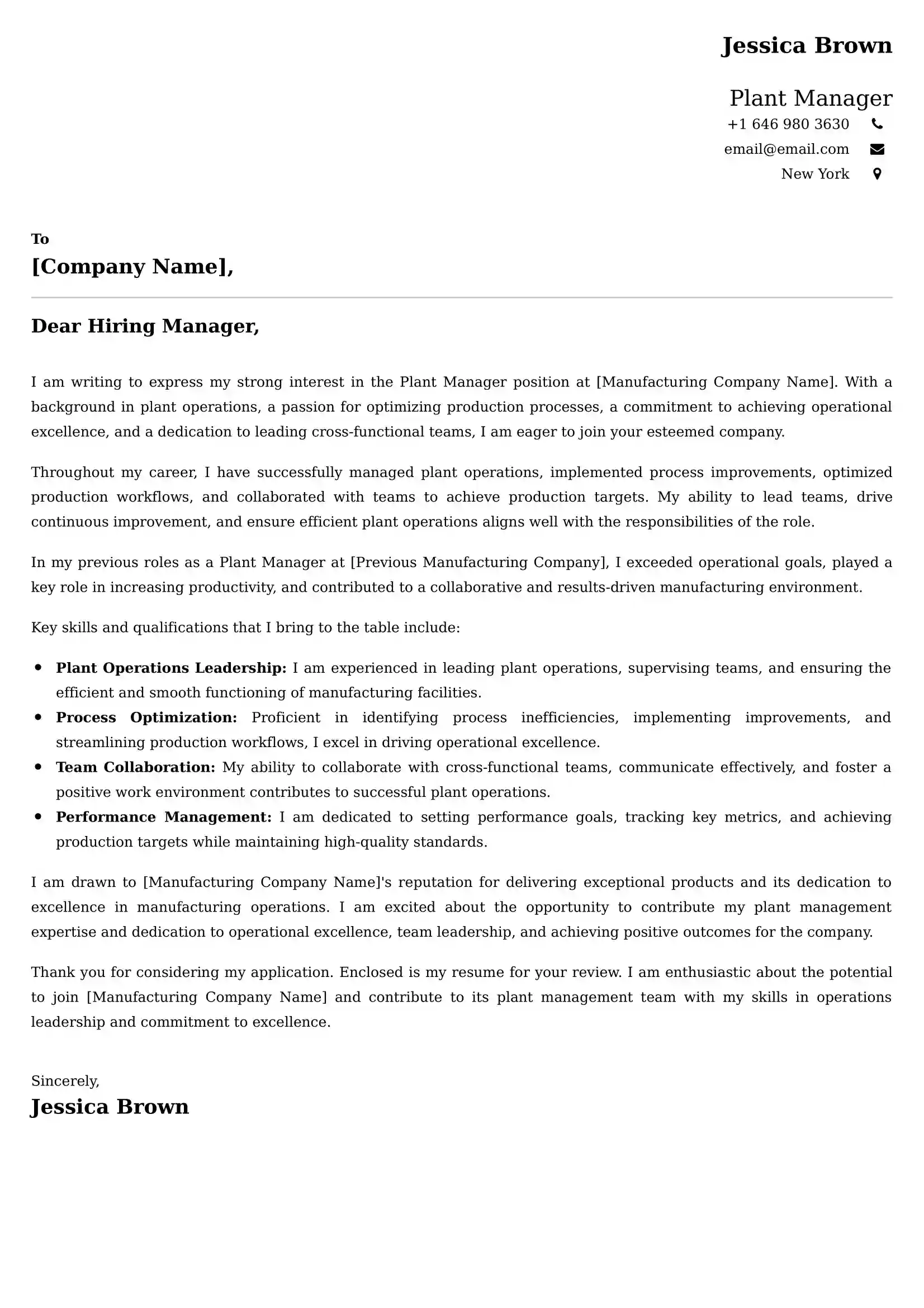 Plant Manager Cover Letter Examples - Latest UK Format