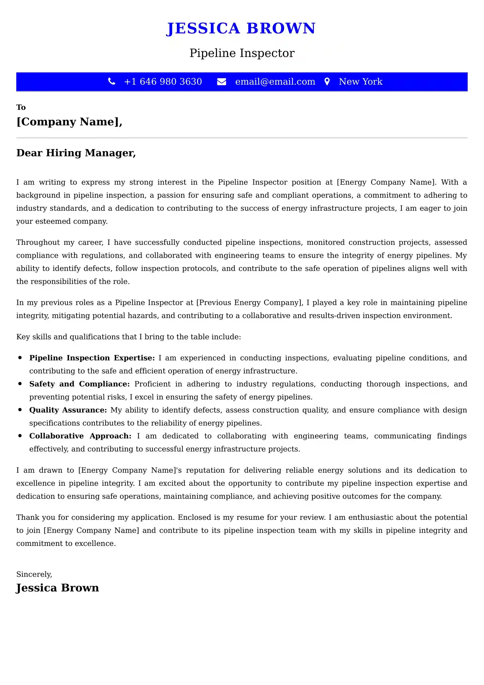 Pipeline Inspector Cover Letter Examples - Latest UK Format