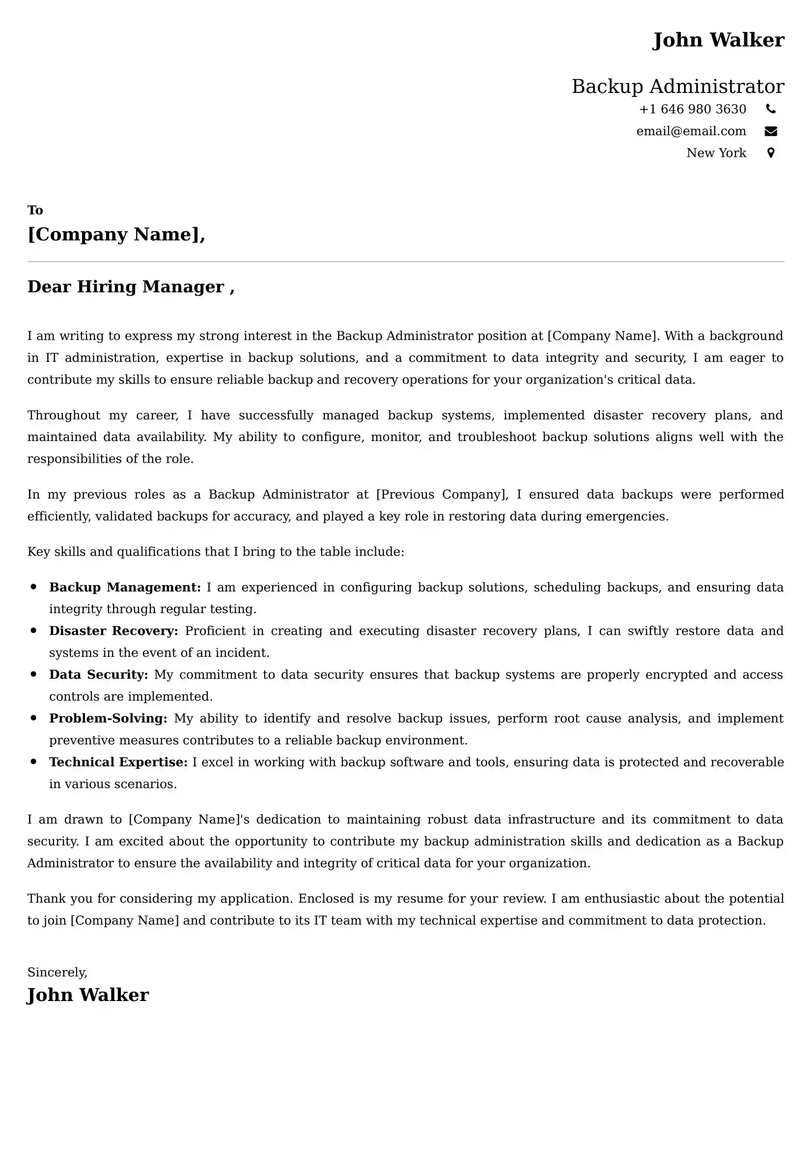 Backup Administrator Cover Letter Examples - Latest UK Format