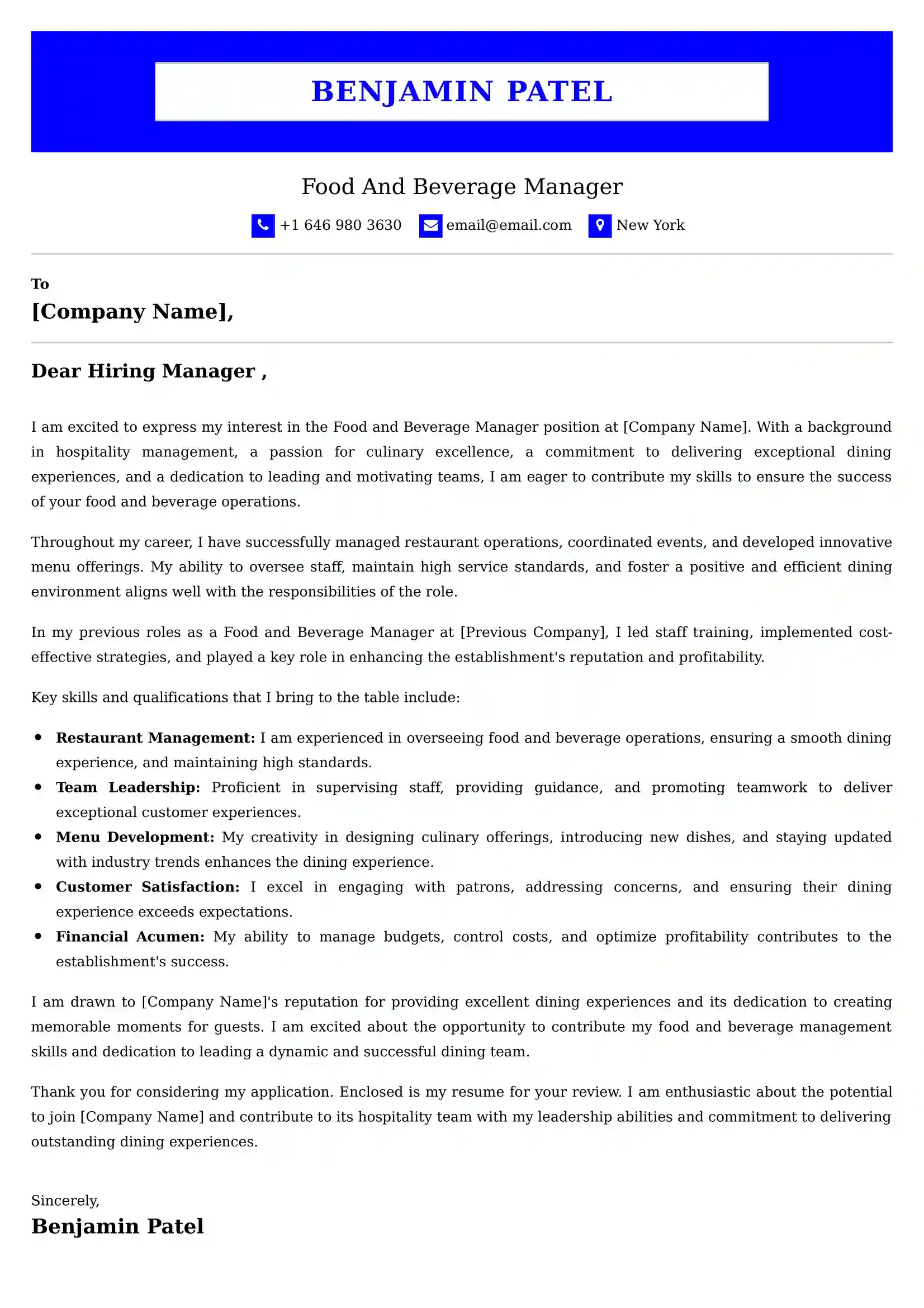 Food And Beverage Manager Cover Letter Examples - Latest UK Format