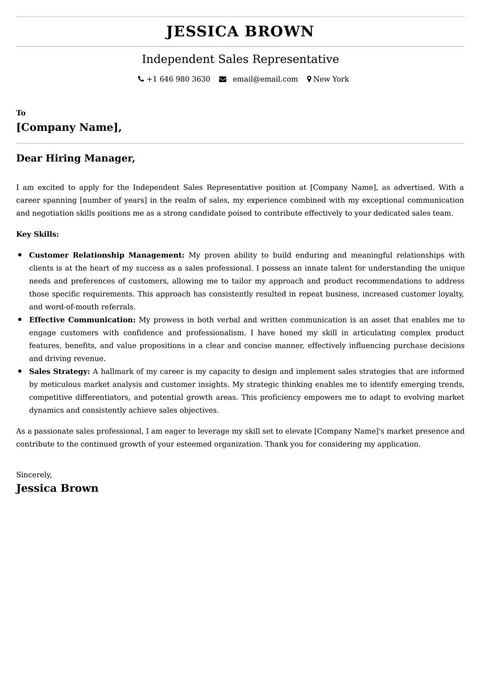 Independent Sales Representative Cover Letter Examples - Latest UK Format