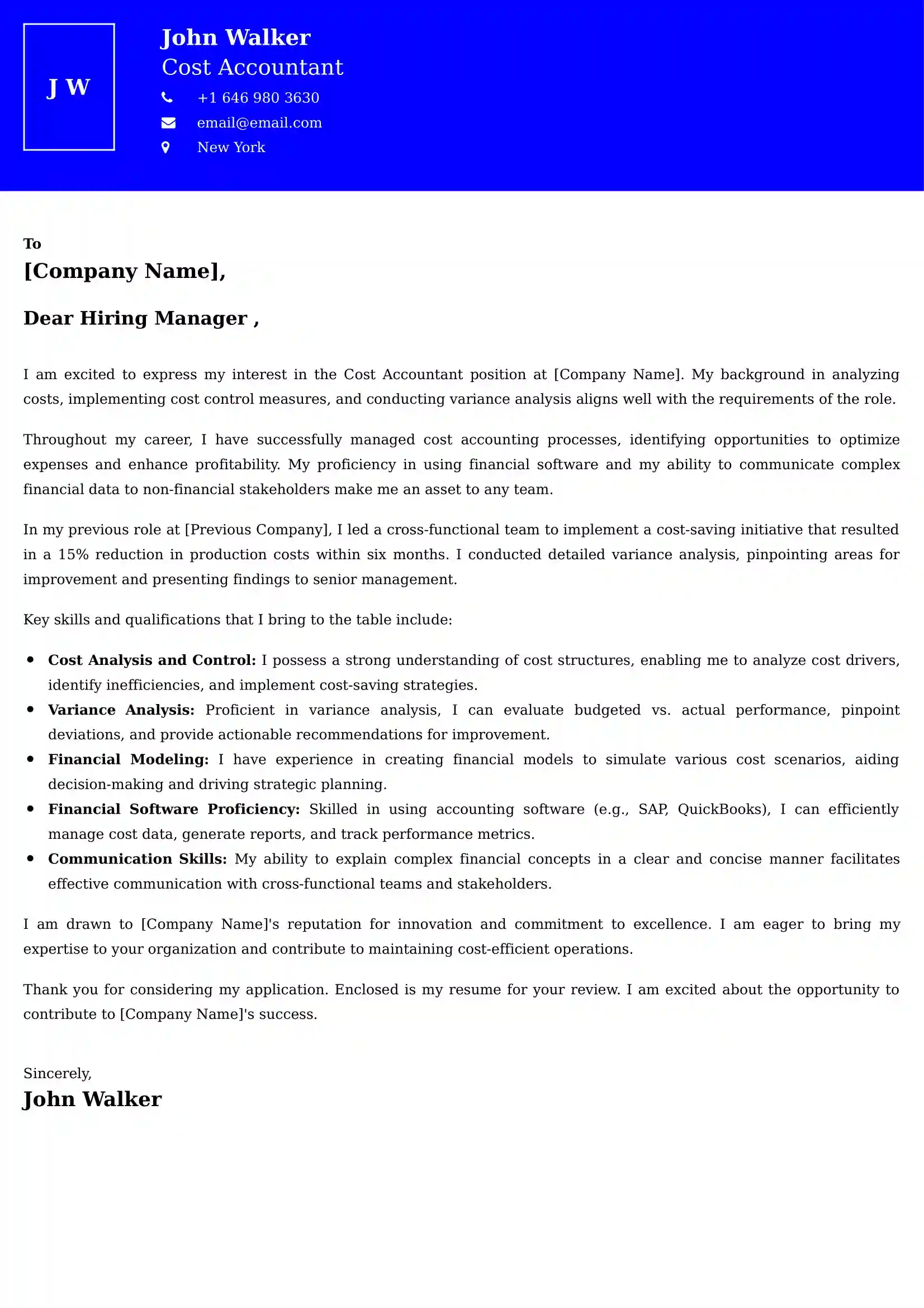 Cost Accountant Cover Letter Examples - Latest UK Format